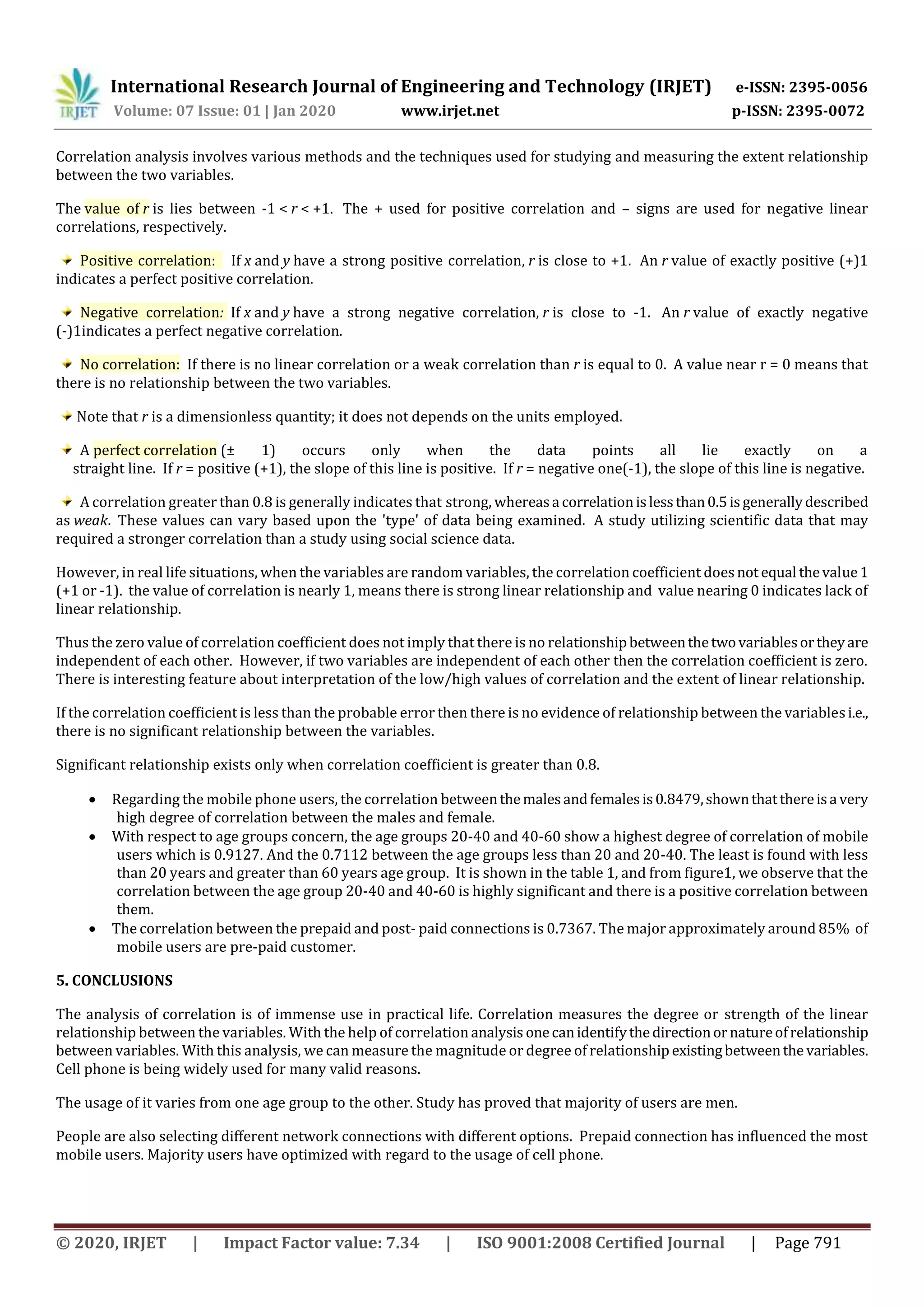 International Research Journal of Engineering and Technology (IRJET) e-ISSN: 2395-0056
Volume: 07 Issue: 01 | Jan 2020 www.irjet.net p-ISSN: 2395-0072
© 2020, IRJET | Impact Factor value: 7.34 | ISO 9001:2008 Certified Journal | Page 791
Correlation analysis involves various methods and the techniques used for studying and measuring the extent relationship
between the two variables.
The value of r is lies between -1 < r < +1. The + used for positive correlation and – signs are used for negative linear
correlations, respectively.
Positive correlation: If x and y have a strong positive correlation, r is close to +1. An r value of exactly positive (+)1
indicates a perfect positive correlation.
Negative correlation: If x and y have a strong negative correlation, r is close to -1. An r value of exactly negative
(-)1indicates a perfect negative correlation.
No correlation: If there is no linear correlation or a weak correlation than r is equal to 0. A value near r = 0 means that
there is no relationship between the two variables.
Note that r is a dimensionless quantity; it does not depends on the units employed.
A perfect correlation (± 1) occurs only when the data points all lie exactly on a
straight line. If r = positive (+1), the slope of this line is positive. If r = negative one(-1), the slope of this line is negative.
A correlation greater than 0.8 is generally indicates that strong, whereasa correlationislessthan0.5isgenerallydescribed
as weak. These values can vary based upon the 'type' of data being examined. A study utilizing scientific data that may
required a stronger correlation than a study using social science data.
However, in real life situations, when the variables are random variables, the correlation coefficient doesnot equal thevalue1
(+1 or -1). the value of correlation is nearly 1, means there is strong linear relationship and value nearing 0 indicates lack of
linear relationship.
Thus the zero value of correlation coefficient does not imply that there is no relationshipbetweenthetwovariablesortheyare
independent of each other. However, if two variables are independent of each other then the correlation coefficient is zero.
There is interesting feature about interpretation of the low/high values of correlation and the extent of linear relationship.
If the correlation coefficient is less than the probable error then there is no evidence of relationship between the variablesi.e.,
there is no significant relationship between the variables.
Significant relationship exists only when correlation coefficient is greater than 0.8.
 Regarding the mobile phone users, the correlation betweenthemalesandfemalesis0.8479,shownthatthereisa very
high degree of correlation between the males and female.
 With respect to age groups concern, the age groups 20-40 and 40-60 show a highest degree of correlation of mobile
users which is 0.9127. And the 0.7112 between the age groups less than 20 and 20-40. The least is found with less
than 20 years and greater than 60 years age group. It is shown in the table 1, and from figure1, we observe that the
correlation between the age group 20-40 and 40-60 is highly significant and there is a positive correlation between
them.
 The correlation between the prepaid and post- paid connections is 0.7367. The major approximately around 85% of
mobile users are pre-paid customer.
5. CONCLUSIONS
The analysis of correlation is of immense use in practical life. Correlation measures the degree or strength of the linear
relationship between the variables. With the help of correlation analysis onecanidentifythedirectionornatureofrelationship
between variables. With this analysis, we can measure the magnitude or degree of relationship existingbetweenthe variables.
Cell phone is being widely used for many valid reasons.
The usage of it varies from one age group to the other. Study has proved that majority of users are men.
People are also selecting different network connections with different options. Prepaid connection has influenced the most
mobile users. Majority users have optimized with regard to the usage of cell phone.
 