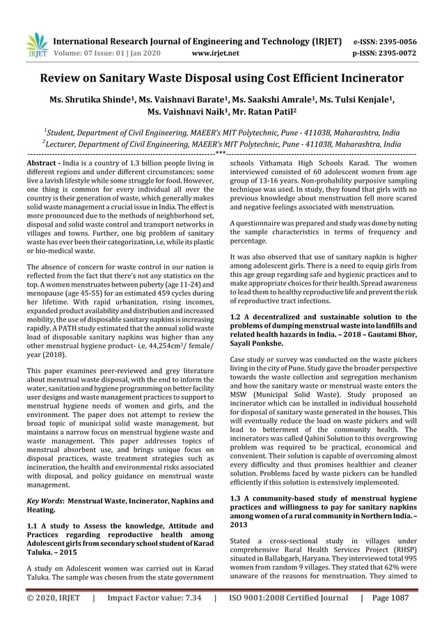 IRJET Review on Sanitary Waste Disposal using Cost Efficient