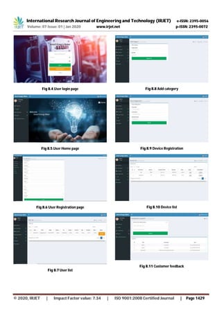 International Research Journal of Engineering and Technology (IRJET) e-ISSN: 2395-0056
Volume: 07 Issue: 01 | Jan 2020 www.irjet.net p-ISSN: 2395-0072
© 2020, IRJET | Impact Factor value: 7.34 | ISO 9001:2008 Certified Journal | Page 1429
Fig 8.4 User login page
Fig 8.5 User Home page
Fig 8.6 User Registration page
Fig 8.7 User list
Fig 8.8 Add category
Fig 8.9 Device Registration
Fig 8.10 Device list
Fig 8.11 Customer feedback
 