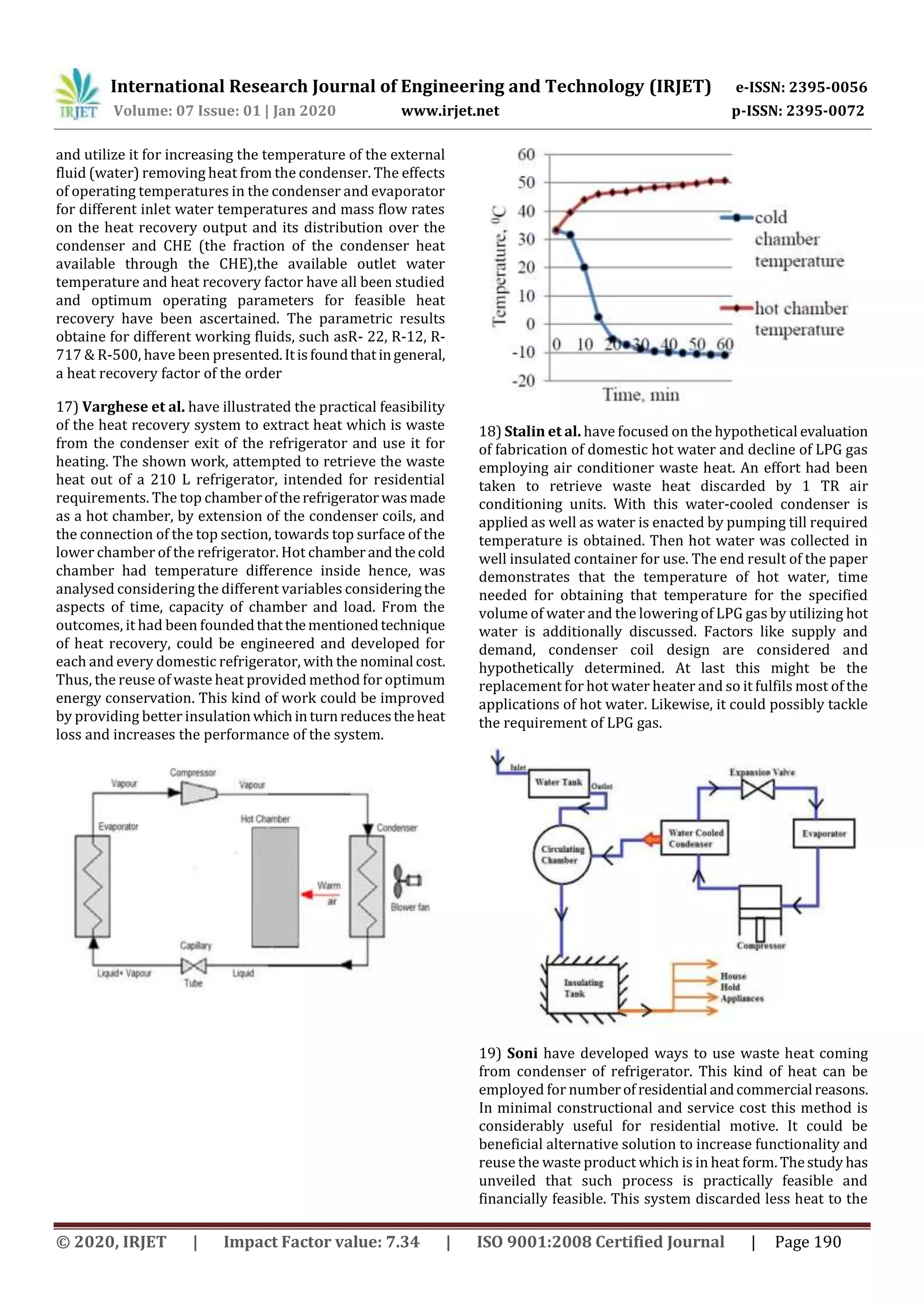 International Research Journal of Engineering and Technology (IRJET) e-ISSN: 2395-0056
Volume: 07 Issue: 01 | Jan 2020 www.irjet.net p-ISSN: 2395-0072
© 2020, IRJET | Impact Factor value: 7.34 | ISO 9001:2008 Certified Journal | Page 190
and utilize it for increasing the temperature of the external
fluid (water) removing heat from the condenser. The effects
of operating temperatures in the condenser and evaporator
for different inlet water temperatures and mass flow rates
on the heat recovery output and its distribution over the
condenser and CHE (the fraction of the condenser heat
available through the CHE),the available outlet water
temperature and heat recovery factor have all been studied
and optimum operating parameters for feasible heat
recovery have been ascertained. The parametric results
obtaine for different working fluids, such asR- 22, R-12, R-
717 & R-500, have been presented.Itisfoundthatingeneral,
a heat recovery factor of the order
17) Varghese et al. have illustrated the practical feasibility
of the heat recovery system to extract heat which is waste
from the condenser exit of the refrigerator and use it for
heating. The shown work, attempted to retrieve the waste
heat out of a 210 L refrigerator, intended for residential
requirements. The top chamberoftherefrigerator wasmade
as a hot chamber, by extension of the condenser coils, and
the connection of the top section, towards top surface of the
lower chamber of the refrigerator. Hot chamberandthecold
chamber had temperature difference inside hence, was
analysed considering the different variables consideringthe
aspects of time, capacity of chamber and load. From the
outcomes, it had been foundedthatthementionedtechnique
of heat recovery, could be engineered and developed for
each and every domestic refrigerator, with the nominal cost.
Thus, the reuse of waste heat provided method for optimum
energy conservation. This kind of work could be improved
by providing better insulationwhichinturnreducestheheat
loss and increases the performance of the system.
18) Stalin et al. have focused on the hypothetical evaluation
of fabrication of domestic hot water and decline of LPG gas
employing air conditioner waste heat. An effort had been
taken to retrieve waste heat discarded by 1 TR air
conditioning units. With this water-cooled condenser is
applied as well as water is enacted by pumping till required
temperature is obtained. Then hot water was collected in
well insulated container for use. The end result of the paper
demonstrates that the temperature of hot water, time
needed for obtaining that temperature for the specified
volume of water and the lowering of LPG gas by utilizing hot
water is additionally discussed. Factors like supply and
demand, condenser coil design are considered and
hypothetically determined. At last this might be the
replacement for hot water heater and so it fulfils most of the
applications of hot water. Likewise, it could possibly tackle
the requirement of LPG gas.
19) Soni have developed ways to use waste heat coming
from condenser of refrigerator. This kind of heat can be
employed for numberof residential andcommercial reasons.
In minimal constructional and service cost this method is
considerably useful for residential motive. It could be
beneficial alternative solution to increase functionality and
reuse the waste product which is in heat form. Thestudy has
unveiled that such process is practically feasible and
financially feasible. This system discarded less heat to the
 