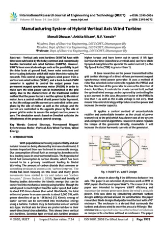 International Research Journal of Engineering and Technology (IRJET) e-ISSN: 2395-0056
Volume: 07 Issue: 01 | Jan 2020 www.irjet.net p-ISSN: 2395-0072
© 2020, IRJET | Impact Factor value: 7.34 | ISO 9001:2008 Certified Journal | Page 1978
Manufacturing System of Hybrid Vertical Axis Wind Turbine
Monali Dhawas1, Ankita Nikam2, N.V. Yawale3
1Student, Dept. of Electrical Engineering, DES’S COET, Dhamangaon Rly
2Student, Dept. of Electrical Engineering, DES’S COET, Dhamangaon Rly
3Professor, Dept. of Electrical Engineering, DES’S COET, Dhamangaon Rly
----------------------------------------------------------------------***---------------------------------------------------------------------
Abstract - Vertical axis wind turbines (VAWTs) have with
time been outrivaled by the today common and economically
feasible horizontal axis wind turbines (HAWTs). However,
VAWTs have several advantages such as the possibility to put
the drive train at ground level, lower noise emissions and
better scaling behavior which still make them interesting for
research. This control strategy captures wind power from a
vertical axis wind turbine (VAWT), and a back-to-back PWM
converter is applied to control the output power from
permanent magnet synchronous motor (PMSM) in order to
make sure the wind power can be transmitted to the grid
safely. Due to the characteristic of the traditional control
method that the power factor is not the optimal by the side of
motor, here a control method of unit power factor is present,
so that the voltage and the current are controlled to the same
phase by the side of motor as well as the voltage and the
current are controlled to the opposite phase by the side of
power grid in order to ensure the output reactive power is
zero. The simulation results based on Simulink validates the
effectiveness of the proposed control strategy.
Key Words: Control Strategy, Permanent Magnet
Synchronous Motor, Vertical Axis Wind Turbine, Wind
Energy.
1. INTRODUCTION
With populations increasing exponentially and our
natural resources being strained by increases in demand, it
is more important than ever to invest in renewable energy.
Our consumption of fossil fuels as energy has been traced to
be a leading cause in environmental issues.Thebyproductof
fossil fuel consumption is carbon dioxide, which has been
named to be a primary constituent leading to Global
Warming. The amount of carbon dioxide that someone or
something produces is known as its “carbon footprint.” The
media has been focusing on this issue and many green
movements have started to try and reduce our “carbon
footprint.” (Green Student U, 2008). Speed and density of
flowing bodies determine the kinetic energy that can be
converted into mechanical energy using turbine.Though the
wind speed is much higher than the water speed, but water
is about 835 times denser than wind. Worldwide, the total
estimated power in ocean currents is about 5,000 GW, with
power densities of up to 15kW/m2 [1]. Kinetic energy of
water current can be converted into mechanical energy
using a turbine. Turbine may be horizontal axis or vertical
axis type. Vertical axis turbines are preferred due to their
omni-directional characteristics. This shows three vertical
axis turbines. Savonius type vertical axis turbine produce
higher torque and have lower cut-in speed. A lift type
Darrieus turbine (classified as vertical axis) can have blade
tip speed many times the speed of the water current (i.e. the
Tip Speed Ratio (TSR) is greater than 1).
It does researches on the power transmitted to the
grid control strategy of a direct-driven permanent magnet
synchronous wind power generator. It uses a method of
rotor flux oriented vector control to regulate the PMSM, and
the flux direction of the generator is seen as the direction of
d-axis. And then, it controls the d-axis current to 0, so that
the optimal wind energy can be captured by controlling the
q-axis current. In this case, the power factor of the PMSM is
less than 1 as well as the d-axis voltage is not zero. That
means this control strategy will produce reactivepower and
increase the motor capacity.
It applies a control method of uncontrollable
rectifier and controllable inverter as the circuit of power
transmitted to the grid which has a lower cost of the system
and a simpler control algorithms.Howeveritcannotregulate
the torque of the generator directly, meanwhile it will
increase the stator harmonic currents of the generator.
Fig. 1: HAWT Vs. VAWT Design
As shown in above fig.1 the difference between two
axis. This paper is an extension of previous work at WPI in
MQP papers that focused upon VAWTs. The research in this
paper was intended to improve VAWT efficiency and
maximize the energy generation from the wind’s available
power. This was done by considering alternate turbine
designs adding a shroud around the windturbine.Thepaper
researched blade designs that performed the best witha 90°
enclosure. The enclosure is a shroud that surrounds the
turbine and allows wind to enter the area at a 90° angle. The
enclosure was expected to increasetheturbine’srevolutions
as compared to a turbine without an enclosure. The paper
 