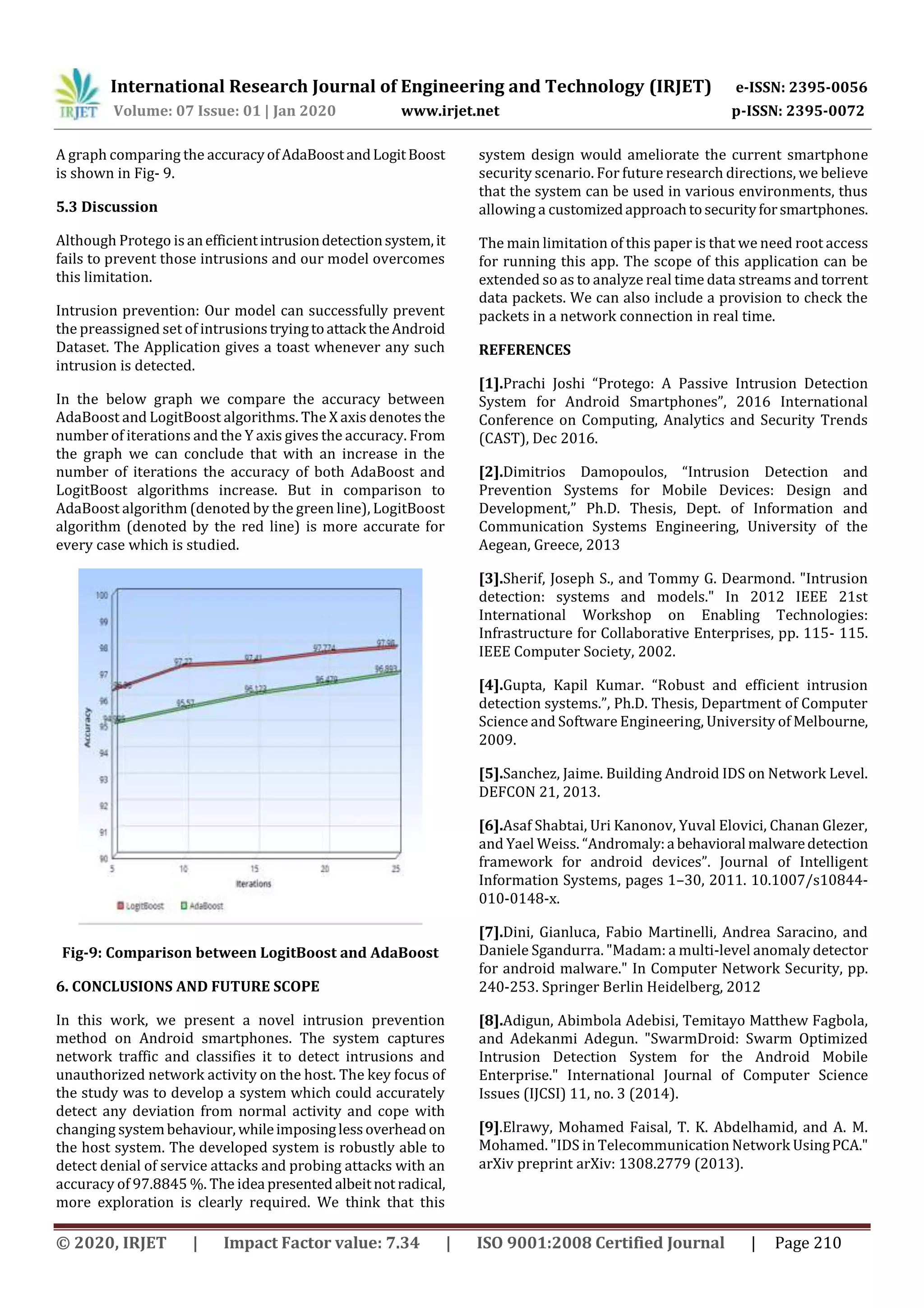 International Research Journal of Engineering and Technology (IRJET) e-ISSN: 2395-0056
Volume: 07 Issue: 01 | Jan 2020 www.irjet.net p-ISSN: 2395-0072
© 2020, IRJET | Impact Factor value: 7.34 | ISO 9001:2008 Certified Journal | Page 210
A graph comparing the accuracyofAdaBoostandLogitBoost
is shown in Fig- 9.
5.3 Discussion
Although Protego isanefficientintrusiondetectionsystem,it
fails to prevent those intrusions and our model overcomes
this limitation.
Intrusion prevention: Our model can successfully prevent
the preassigned set of intrusionstryingtoattack theAndroid
Dataset. The Application gives a toast whenever any such
intrusion is detected.
In the below graph we compare the accuracy between
AdaBoost and LogitBoost algorithms. The X axis denotes the
number of iterations and the Y axis gives the accuracy. From
the graph we can conclude that with an increase in the
number of iterations the accuracy of both AdaBoost and
LogitBoost algorithms increase. But in comparison to
AdaBoost algorithm (denoted by the green line), LogitBoost
algorithm (denoted by the red line) is more accurate for
every case which is studied.
Fig-9: Comparison between LogitBoost and AdaBoost
6. CONCLUSIONS AND FUTURE SCOPE
In this work, we present a novel intrusion prevention
method on Android smartphones. The system captures
network traffic and classifies it to detect intrusions and
unauthorized network activity on the host. The key focus of
the study was to develop a system which could accurately
detect any deviation from normal activity and cope with
changing systembehaviour, whileimposinglessoverheadon
the host system. The developed system is robustly able to
detect denial of service attacks and probing attacks with an
accuracy of 97.8845 %. The idea presentedalbeitnot radical,
more exploration is clearly required. We think that this
system design would ameliorate the current smartphone
security scenario. For future research directions, we believe
that the system can be used in various environments, thus
allowing a customizedapproachtosecurityforsmartphones.
The main limitation of this paper is that we need root access
for running this app. The scope of this application can be
extended so as to analyze real time data streams and torrent
data packets. We can also include a provision to check the
packets in a network connection in real time.
REFERENCES
[1].Prachi Joshi “Protego: A Passive Intrusion Detection
System for Android Smartphones”, 2016 International
Conference on Computing, Analytics and Security Trends
(CAST), Dec 2016.
[2].Dimitrios Damopoulos, “Intrusion Detection and
Prevention Systems for Mobile Devices: Design and
Development,” Ph.D. Thesis, Dept. of Information and
Communication Systems Engineering, University of the
Aegean, Greece, 2013
[3].Sherif, Joseph S., and Tommy G. Dearmond. "Intrusion
detection: systems and models." In 2012 IEEE 21st
International Workshop on Enabling Technologies:
Infrastructure for Collaborative Enterprises, pp. 115- 115.
IEEE Computer Society, 2002.
[4].Gupta, Kapil Kumar. “Robust and efficient intrusion
detection systems.”, Ph.D. Thesis, Department of Computer
Science and Software Engineering, University of Melbourne,
2009.
[5].Sanchez, Jaime. Building Android IDS on Network Level.
DEFCON 21, 2013.
[6].Asaf Shabtai, Uri Kanonov, Yuval Elovici, Chanan Glezer,
and Yael Weiss. “Andromaly:a behavioral malwaredetection
framework for android devices”. Journal of Intelligent
Information Systems, pages 1–30, 2011. 10.1007/s10844-
010-0148-x.
[7].Dini, Gianluca, Fabio Martinelli, Andrea Saracino, and
Daniele Sgandurra. "Madam: a multi-level anomaly detector
for android malware." In Computer Network Security, pp.
240-253. Springer Berlin Heidelberg, 2012
[8].Adigun, Abimbola Adebisi, Temitayo Matthew Fagbola,
and Adekanmi Adegun. "SwarmDroid: Swarm Optimized
Intrusion Detection System for the Android Mobile
Enterprise." International Journal of Computer Science
Issues (IJCSI) 11, no. 3 (2014).
[9].Elrawy, Mohamed Faisal, T. K. Abdelhamid, and A. M.
Mohamed. "IDS in Telecommunication Network UsingPCA."
arXiv preprint arXiv: 1308.2779 (2013).
 