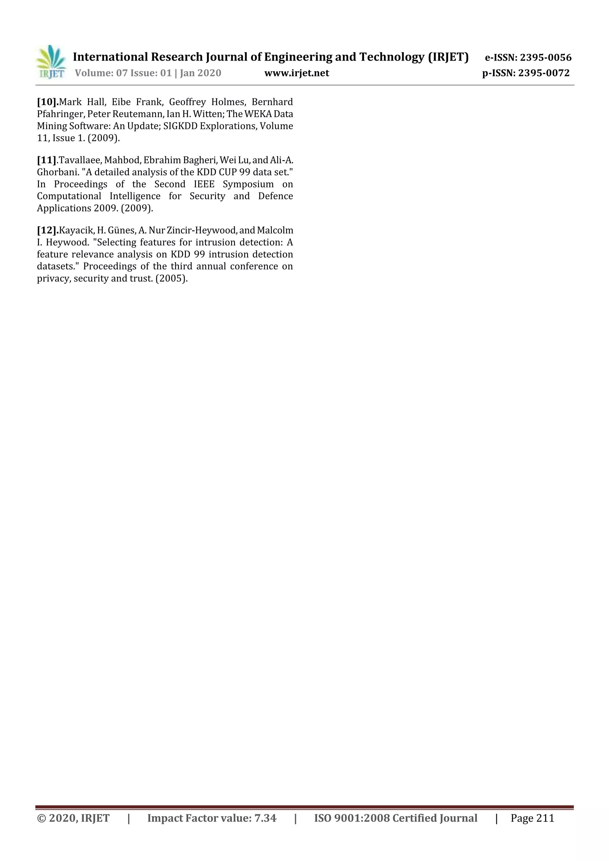 International Research Journal of Engineering and Technology (IRJET) e-ISSN: 2395-0056
Volume: 07 Issue: 01 | Jan 2020 www.irjet.net p-ISSN: 2395-0072
© 2020, IRJET | Impact Factor value: 7.34 | ISO 9001:2008 Certified Journal | Page 211
[10].Mark Hall, Eibe Frank, Geoffrey Holmes, Bernhard
Pfahringer, Peter Reutemann, Ian H. Witten;TheWEKAData
Mining Software: An Update; SIGKDD Explorations, Volume
11, Issue 1. (2009).
[11].Tavallaee, Mahbod, Ebrahim Bagheri, WeiLu,andAli-A.
Ghorbani. "A detailed analysis of the KDD CUP 99 data set."
In Proceedings of the Second IEEE Symposium on
Computational Intelligence for Security and Defence
Applications 2009. (2009).
[12].Kayacik, H. Günes, A. NurZincir-Heywood,andMalcolm
I. Heywood. "Selecting features for intrusion detection: A
feature relevance analysis on KDD 99 intrusion detection
datasets." Proceedings of the third annual conference on
privacy, security and trust. (2005).
 