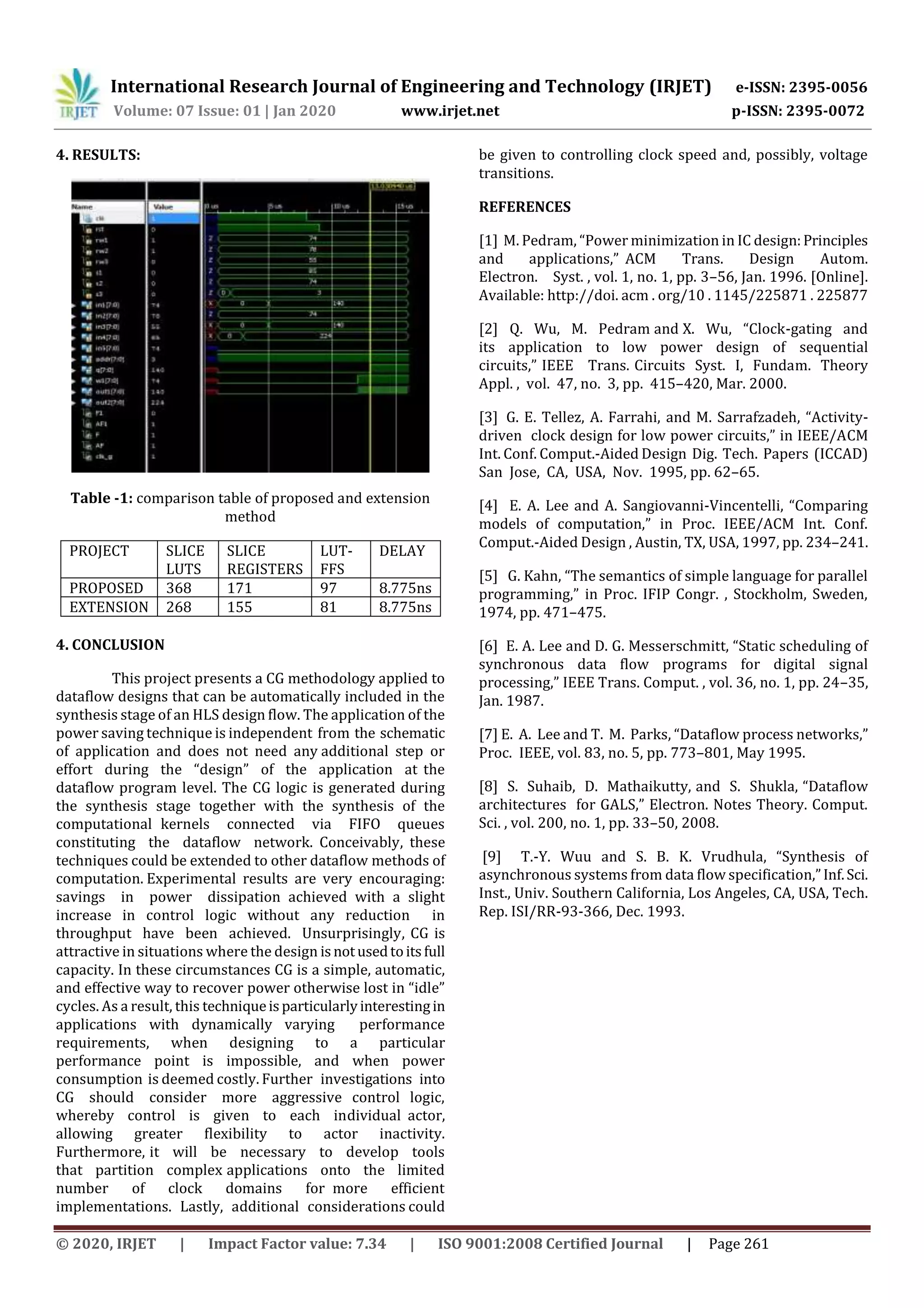 International Research Journal of Engineering and Technology (IRJET) e-ISSN: 2395-0056
Volume: 07 Issue: 01 | Jan 2020 www.irjet.net p-ISSN: 2395-0072
© 2020, IRJET | Impact Factor value: 7.34 | ISO 9001:2008 Certified Journal | Page 261
4. RESULTS:
Table -1: comparison table of proposed and extension
method
PROJECT SLICE
LUTS
SLICE
REGISTERS
LUT-
FFS
DELAY
PROPOSED 368 171 97 8.775ns
EXTENSION 268 155 81 8.775ns
4. CONCLUSION
This project presents a CG methodology applied to
dataflow designs that can be automatically included in the
synthesis stage of an HLS design flow. The application of the
power saving technique is independent from the schematic
of application and does not need any additional step or
effort during the “design” of the application at the
dataflow program level. The CG logic is generated during
the synthesis stage together with the synthesis of the
computational kernels connected via FIFO queues
constituting the dataflow network. Conceivably, these
techniques could be extended to other dataflow methods of
computation. Experimental results are very encouraging:
savings in power dissipation achieved with a slight
increase in control logic without any reduction in
throughput have been achieved. Unsurprisingly, CG is
attractive in situations where the design isnotusedtoitsfull
capacity. In these circumstances CG is a simple, automatic,
and effective way to recover power otherwise lost in “idle”
cycles. As a result, this techniqueisparticularlyinterestingin
applications with dynamically varying performance
requirements, when designing to a particular
performance point is impossible, and when power
consumption is deemed costly. Further investigations into
CG should consider more aggressive control logic,
whereby control is given to each individual actor,
allowing greater flexibility to actor inactivity.
Furthermore, it will be necessary to develop tools
that partition complex applications onto the limited
number of clock domains for more efficient
implementations. Lastly, additional considerations could
be given to controlling clock speed and, possibly, voltage
transitions.
REFERENCES
[1] M. Pedram, “Power minimization in IC design:Principles
and applications,” ACM Trans. Design Autom.
Electron. Syst. , vol. 1, no. 1, pp. 3–56, Jan. 1996. [Online].
Available: http://doi. acm . org/10 . 1145/225871 . 225877
[2] Q. Wu, M. Pedram and X. Wu, “Clock-gating and
its application to low power design of sequential
circuits,” IEEE Trans. Circuits Syst. I, Fundam. Theory
Appl. , vol. 47, no. 3, pp. 415–420, Mar. 2000.
[3] G. E. Tellez, A. Farrahi, and M. Sarrafzadeh, “Activity-
driven clock design for low power circuits,” in IEEE/ACM
Int. Conf. Comput.-Aided Design Dig. Tech. Papers (ICCAD)
San Jose, CA, USA, Nov. 1995, pp. 62–65.
[4] E. A. Lee and A. Sangiovanni-Vincentelli, “Comparing
models of computation,” in Proc. IEEE/ACM Int. Conf.
Comput.-Aided Design , Austin, TX, USA, 1997, pp. 234–241.
[5] G. Kahn, “The semantics of simple language for parallel
programming,” in Proc. IFIP Congr. , Stockholm, Sweden,
1974, pp. 471–475.
[6] E. A. Lee and D. G. Messerschmitt, “Static scheduling of
synchronous data flow programs for digital signal
processing,” IEEE Trans. Comput. , vol. 36, no. 1, pp. 24–35,
Jan. 1987.
[7] E. A. Lee and T. M. Parks, “Dataflow process networks,”
Proc. IEEE, vol. 83, no. 5, pp. 773–801, May 1995.
[8] S. Suhaib, D. Mathaikutty, and S. Shukla, “Dataflow
architectures for GALS,” Electron. Notes Theory. Comput.
Sci. , vol. 200, no. 1, pp. 33–50, 2008.
[9] T.-Y. Wuu and S. B. K. Vrudhula, “Synthesis of
asynchronous systems from data flow specification,”Inf.Sci.
Inst., Univ. Southern California, Los Angeles, CA, USA, Tech.
Rep. ISI/RR-93-366, Dec. 1993.
 