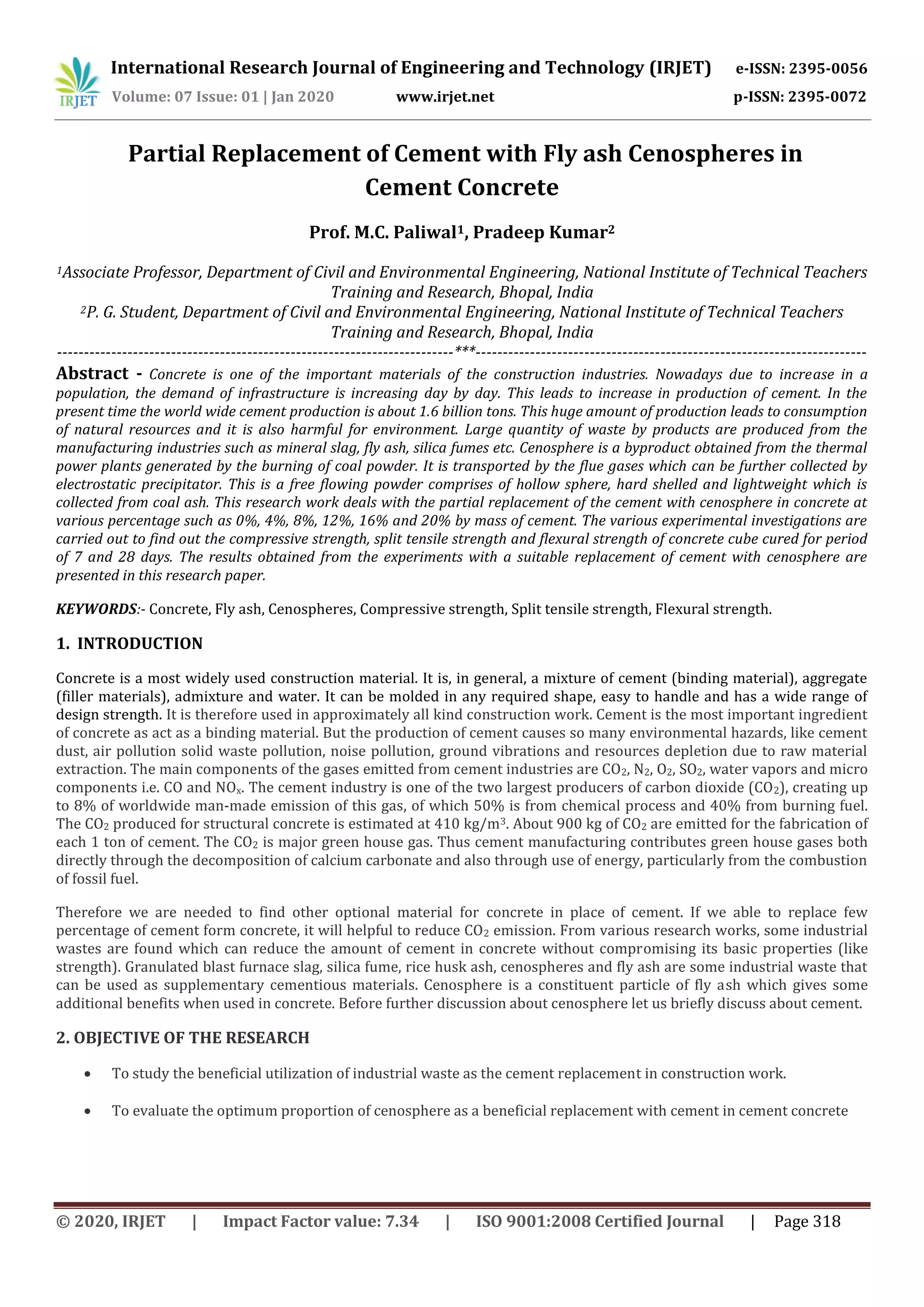 IRJET- Partial Replacement of Cement with Fly Ash Cenospheres in Cement ...