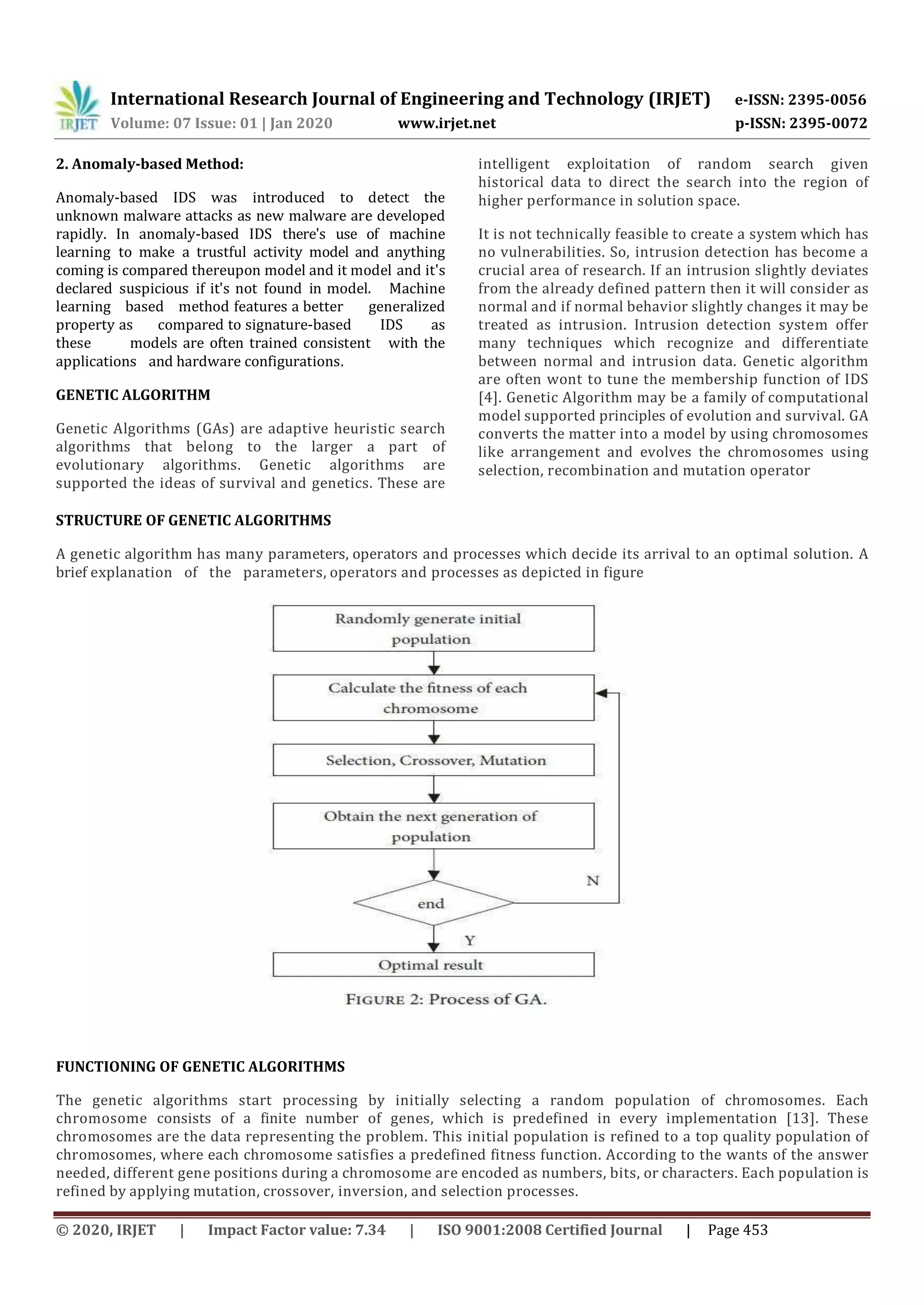 International Research Journal of Engineering and Technology (IRJET) e-ISSN: 2395-0056 Volume: 07 Issue: 01 | Jan 2020 www.irjet.net p-ISSN: 2395-0072 © 2020, IRJET | Impact Factor value: 7.34 | ISO 9001:2008 Certified Journal | Page 453 2. Anomaly-based Method: Anomaly-based IDS was introduced to detect the unknown malware attacks as new malware are developed rapidly. In anomaly-based IDS there's use of machine learning to make a trustful activity model and anything coming is compared thereupon model and it model and it's declared suspicious if it's not found in model. Machine learning based method features a better generalized property as compared to signature-based IDS as these models are often trained consistent with the applications and hardware configurations. GENETIC ALGORITHM Genetic Algorithms (GAs) are adaptive heuristic search algorithms that belong to the larger a part of evolutionary algorithms. Genetic algorithms are supported the ideas of survival and genetics. These are intelligent exploitation of random search given historical data to direct the search into the region of higher performance in solution space. It is not technically feasible to create a system which has no vulnerabilities. So, intrusion detection has become a crucial area of research. If an intrusion slightly deviates from the already defined pattern then it will consider as normal and if normal behavior slightly changes it may be treated as intrusion. Intrusion detection system offer many techniques which recognize and differentiate between normal and intrusion data. Genetic algorithm are often wont to tune the membership function of IDS [4]. Genetic Algorithm may be a family of computational model supported principles of evolution and survival. GA converts the matter into a model by using chromosomes like arrangement and evolves the chromosomes using selection, recombination and mutation operator STRUCTURE OF GENETIC ALGORITHMS A genetic algorithm has many parameters, operators and processes which decide its arrival to an optimal solution. A brief explanation of the parameters, operators and processes as depicted in figure FUNCTIONING OF GENETIC ALGORITHMS The genetic algorithms start processing by initially selecting a random population of chromosomes. Each chromosome consists of a finite number of genes, which is predefined in every implementation [13]. These chromosomes are the data representing the problem. This initial population is refined to a top quality population of chromosomes, where each chromosome satisfies a predefined fitness function. According to the wants of the answer needed, different gene positions during a chromosome are encoded as numbers, bits, or characters. Each population is refined by applying mutation, crossover, inversion, and selection processes. 