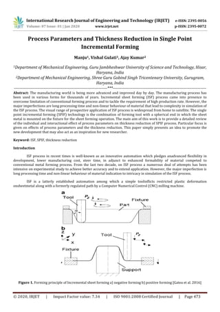 International Research Journal of Engineering and Technology (IRJET) e-ISSN: 2395-0056
Volume: 07 Issue: 01 | Jan 2020 www.irjet.net p-ISSN: 2395-0072
© 2020, IRJET | Impact Factor value: 7.34 | ISO 9001:2008 Certified Journal | Page 473
Process Parameters and Thickness Reduction in Single Point
Incremental Forming
Manju1, Vishal Gulati1, Ajay Kumar2
1Department of Mechanical Engineering, Guru Jambheshwar University of Science and Technology, Hisar,
Haryana, India
2Department of Mechanical Engineering, Shree Guru Gobind Singh Tricentenary University, Gurugram,
Haryana, India
------------------------------------------------------------------***------------------------------------------------------------------
Abstract: The manufacturing world is being more advanced and improved day by day. The manufacturing process has
been used in various forms for thousands of years. Incremental sheet forming (ISF) process came into presence to
overcome limitation of conventional forming process and to tackle the requirement of high production rate. However, the
major imperfections are long processing time and non-linear behaviour of material that lead to complexity in simulation of
the ISF process. The visual range of prospective application of ISF process is widespread from home to satellite. The single
point incremental forming (SPIF) technology is the combination of forming tool with a spherical end in which the sheet
metal is mounted on the fixture for the sheet forming operation. The main aim of this work is to provide a detailed review
of the individual and interactional effect of process parameters on thickness reduction of SPIF process. Particular focus is
given on effects of process parameters and the thickness reduction. This paper simply presents an idea to promote the
new development that may also act as an inspiration for new researcher.
Keyword: ISF, SPIF, thickness reduction
Introduction
ISF process in recent times is well-known as an innovative automation which pledges anadvanced flexibility in
development, lower manufacturing cost, steer time, in adjunct to enhanced formability of material competed to
conventional metal forming process. From the last two decade, on ISF process a numerous deal of attempts has been
intensive on experimental study to achieve better accuracy and to extend application. However, the major imperfection is
long processing time and non-linear behaviour of material indication to intricacy in simulation of the ISF process.
ISF is a latterly established automation among which a simple toolinflicts restricted plastic deformation
onsheetmetal along with a formerly regulated path by a Computer Numerical Control (CNC) milling machine.
Figure 1. Forming principle of Incremental sheet forming a) negative forming b) positive forming [Gatea et al. 2016]
 