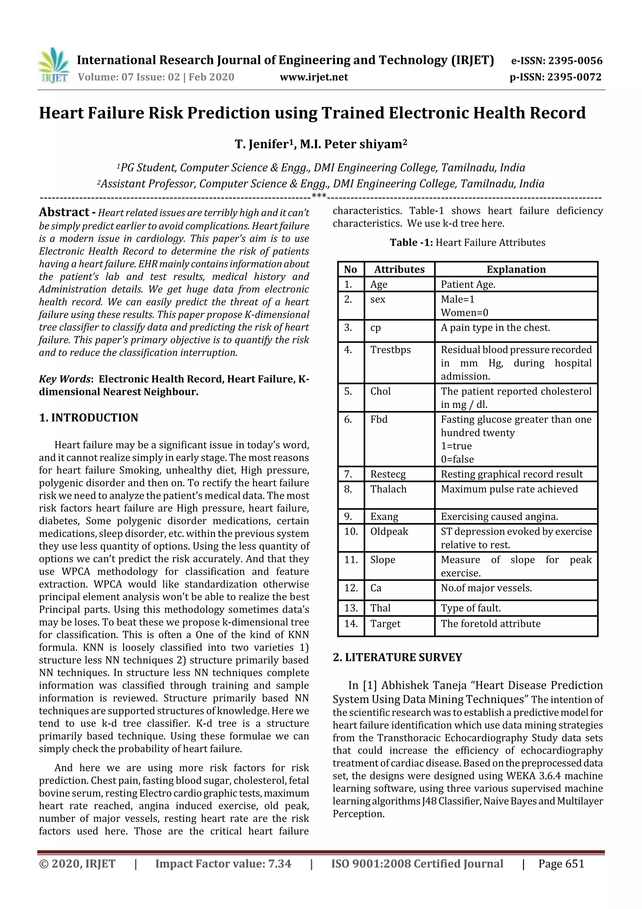International Research Journal of Engineering and Technology (IRJET) e-ISSN: 2395-0056
Volume: 07 Issue: 02 | Feb 2020 www.irjet.net p-ISSN: 2395-0072
© 2020, IRJET | Impact Factor value: 7.34 | ISO 9001:2008 Certified Journal | Page 651
Heart Failure Risk Prediction using Trained Electronic Health Record
T. Jenifer1, M.I. Peter shiyam2
1PG Student, Computer Science & Engg., DMI Engineering College, Tamilnadu, India
2Assistant Professor, Computer Science & Engg., DMI Engineering College, Tamilnadu, India
---------------------------------------------------------------------***----------------------------------------------------------------------
Abstract - Heart related issues are terribly high and itcan’t
be simply predict earlier to avoid complications. Heart failure
is a modern issue in cardiology. This paper's aim is to use
Electronic Health Record to determine the risk of patients
having a heart failure. EHRmainlycontainsinformationabout
the patient’s lab and test results, medical history and
Administration details. We get huge data from electronic
health record. We can easily predict the threat of a heart
failure using these results. This paper propose K-dimensional
tree classifier to classify data and predicting the risk of heart
failure. This paper's primary objective is to quantify the risk
and to reduce the classification interruption.
Key Words: Electronic Health Record, Heart Failure, K-
dimensional Nearest Neighbour.
1. INTRODUCTION
Heart failure may be a significant issue in today’s word,
and it cannot realize simply in early stage. The most reasons
for heart failure Smoking, unhealthy diet, High pressure,
polygenic disorder and then on. To rectify the heart failure
risk we need to analyze the patient’s medical data. The most
risk factors heart failure are High pressure, heart failure,
diabetes, Some polygenic disorder medications, certain
medications, sleep disorder, etc. within the previous system
they use less quantity of options. Using the less quantity of
options we can’t predict the risk accurately. And that they
use WPCA methodology for classification and feature
extraction. WPCA would like standardization otherwise
principal element analysis won't be able to realize the best
Principal parts. Using this methodology sometimes data’s
may be loses. To beat these we propose k-dimensional tree
for classification. This is often a One of the kind of KNN
formula. KNN is loosely classified into two varieties 1)
structure less NN techniques 2) structure primarily based
NN techniques. In structure less NN techniques complete
information was classified through training and sample
information is reviewed. Structure primarily based NN
techniques are supported structures of knowledge. Here we
tend to use k-d tree classifier. K-d tree is a structure
primarily based technique. Using these formulae we can
simply check the probability of heart failure.
And here we are using more risk factors for risk
prediction. Chest pain, fasting blood sugar, cholesterol, fetal
bovine serum, resting Electrocardiographic tests,maximum
heart rate reached, angina induced exercise, old peak,
number of major vessels, resting heart rate are the risk
factors used here. Those are the critical heart failure
characteristics. Table-1 shows heart failure deficiency
characteristics. We use k-d tree here.
Table -1: Heart Failure Attributes
No Attributes Explanation
1. Age Patient Age.
2. sex Male=1
Women=0
3. cp A pain type in the chest.
4. Trestbps Residual bloodpressurerecorded
in mm Hg, during hospital
admission.
5. Chol The patient reported cholesterol
in mg / dl.
6. Fbd Fasting glucose greater than one
hundred twenty
1=true
0=false
7. Restecg Resting graphical record result
8. Thalach Maximum pulse rate achieved
9. Exang Exercising caused angina.
10. Oldpeak ST depression evoked by exercise
relative to rest.
11. Slope Measure of slope for peak
exercise.
12. Ca No.of major vessels.
13. Thal Type of fault.
14. Target The foretold attribute
2. LITERATURE SURVEY
In [1] Abhishek Taneja “Heart Disease Prediction
System Using Data Mining Techniques” The intention of
the scientific research was to establish a predictivemodelfor
heart failure identification which use data mining strategies
from the Transthoracic Echocardiography Study data sets
that could increase the efficiency of echocardiography
treatment of cardiac disease.Based onthepreprocesseddata
set, the designs were designed using WEKA 3.6.4 machine
learning software, using three various supervised machine
learningalgorithmsJ48Classifier,NaiveBayesandMultilayer
Perception.
 