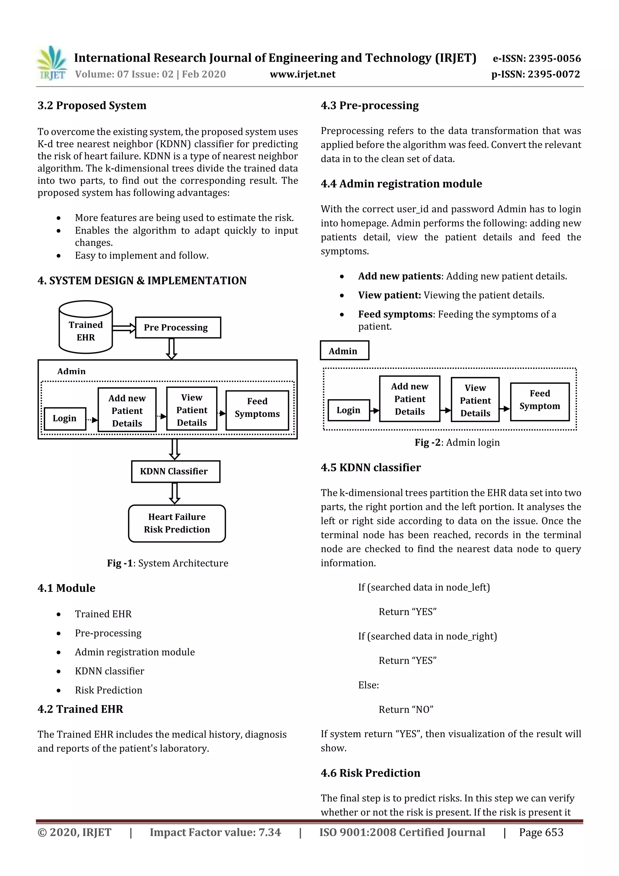 International Research Journal of Engineering and Technology (IRJET) e-ISSN: 2395-0056
Volume: 07 Issue: 02 | Feb 2020 www.irjet.net p-ISSN: 2395-0072
© 2020, IRJET | Impact Factor value: 7.34 | ISO 9001:2008 Certified Journal | Page 653
3.2 Proposed System
To overcome the existing system, the proposed system uses
K-d tree nearest neighbor (KDNN) classifier for predicting
the risk of heart failure. KDNN is a type of nearest neighbor
algorithm. The k-dimensional trees divide the trained data
into two parts, to find out the corresponding result. The
proposed system has following advantages:
 More features are being used to estimate the risk.
 Enables the algorithm to adapt quickly to input
changes.
 Easy to implement and follow.
4. SYSTEM DESIGN & IMPLEMENTATION
Fig -1: System Architecture
4.1 Module
 Trained EHR
 Pre-processing
 Admin registration module
 KDNN classifier
 Risk Prediction
4.2 Trained EHR
The Trained EHR includes the medical history, diagnosis
and reports of the patient's laboratory.
4.3 Pre-processing
Preprocessing refers to the data transformation that was
applied before the algorithm was feed. Convert the relevant
data in to the clean set of data.
4.4 Admin registration module
With the correct user_id and password Admin has to login
into homepage. Admin performs the following: adding new
patients detail, view the patient details and feed the
symptoms.
 Add new patients: Adding new patient details.
 View patient: Viewing the patient details.
 Feed symptoms: Feeding the symptoms of a
patient.
Fig -2: Admin login
4.5 KDNN classifier
The k-dimensional trees partition the EHR data set into two
parts, the right portion and the left portion. It analyses the
left or right side according to data on the issue. Once the
terminal node has been reached, records in the terminal
node are checked to find the nearest data node to query
information.
If (searched data in node_left)
Return “YES”
If (searched data in node_right)
Return “YES”
Else:
Return “NO”
If system return “YES”, then visualization of the result will
show.
4.6 Risk Prediction
The final step is to predict risks. In this step we can verify
whether or not the risk is present. If the risk is present it
Trained
EHR
Pre Processing
Login
Add new
Patient
Details
View
Patient
Details
Feed
Symptoms
Admin
KDNN Classifier
Heart Failure
Risk Prediction
Admin
Login
Add new
Patient
Details
View
Patient
Details
Feed
Symptom
s
 