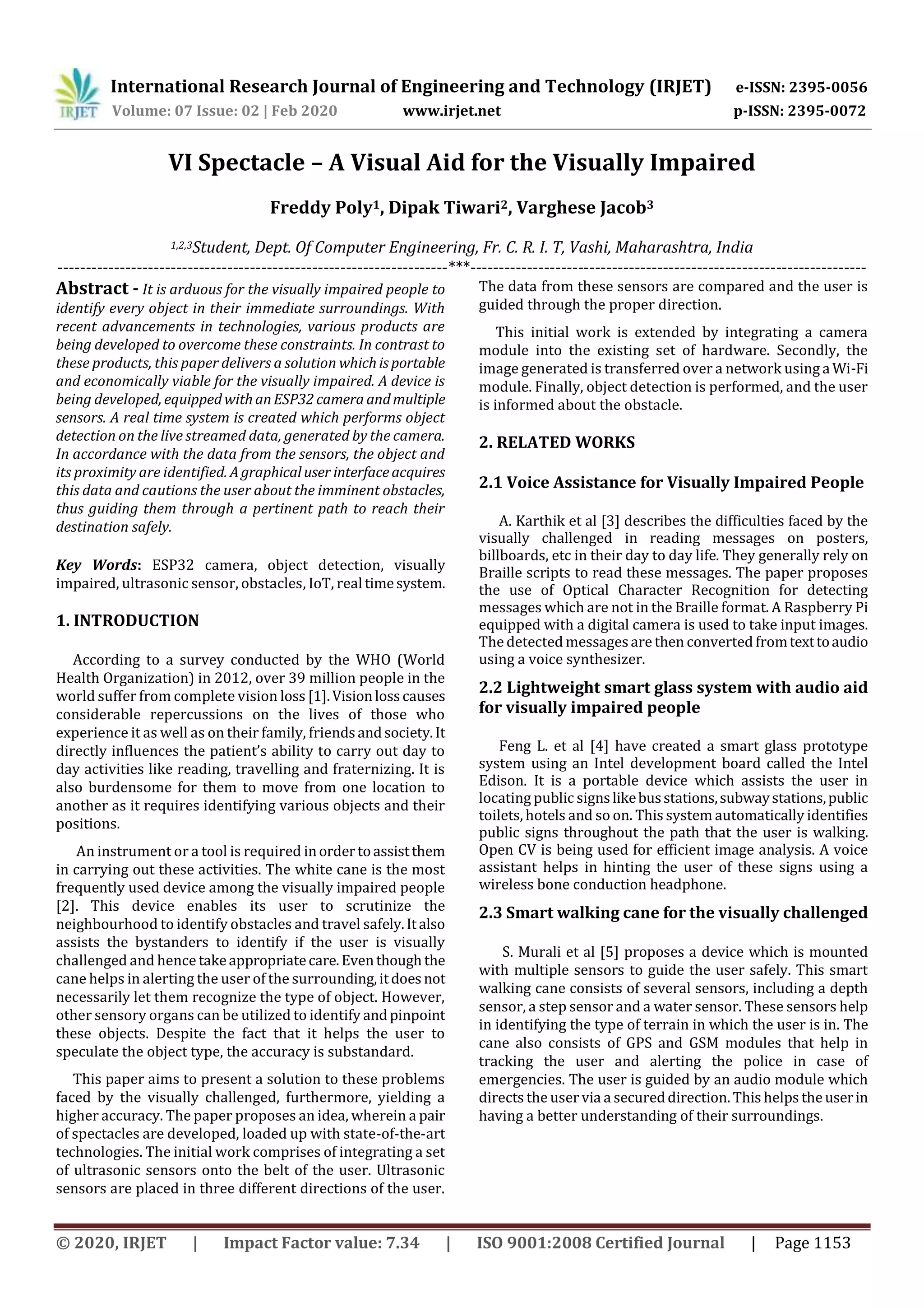 IRJET- VI Spectacle – A Visual Aid for the Visually Impaired | PDF