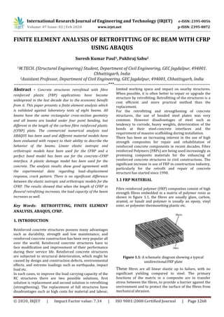 International Research Journal of Engineering and Technology (IRJET) e-ISSN: 2395-0056
Volume: 07 Issue: 02 | Feb 2020 www.irjet.net p-ISSN: 2395-0072
© 2020, IRJET | Impact Factor value: 7.34 | ISO 9001:2008 Certified Journal | Page 1268
FINITE ELEMENT ANALYSIS OF RETROFITTING OF RC BEAM WITH CFRP
USING ABAQUS
Suresh Kumar Paul1, Pukhraj Sahu2
1M.TECH. (Structural Engineering) Student, Department of Civil Engineering, GEC Jagdalpur, 494001.
Chhattisgarh, India
2Assistant Professor, Department of Civil Engineering, GEC Jagdalpur, 494001, Chhattisgarh, India
---------------------------------------------------------------***----------------------------------------------------------------
Abstract - Concrete structures retrofitted with fibre
reinforced plastic (FRP) applications have become
widespread in the last decade due to the economic benefit
from it. This paper presents a finite element analysis which
is validated against laboratory tests of eight beams. All
beams have the same rectangular cross-section geometry
and all beams are loaded under four point bending, but
different in the length of the carbon fibre reinforced plastic
(CFRP) plate. The commercial numerical analysis tool
ABAQUS has been used and different material models have
been evaluated with respect to their ability to describe the
behavior of the beams. Linear elastic isotropic and
orthotropic models have been used for the CFRP and a
perfect bond model has been use for the concrete–CFRP
interface. A plastic damage model has been used for the
concrete. The analysis results show good agreement with
the experimental data regarding load–displacement
response, crack pattern. There is no significant difference
between the elastic isotropic and orthotropic models for the
CFRP. The results showed that when the length of CFRP in
flexural retrofitting increases, the load capacity of the beam
increases as well.
Key Words: RETROFITTING, FINITE ELEMENT
ANALYSIS, ABAQUS, CFRP.
1. INTRODUCTION
Reinforced concrete structures possess many advantages
such as durability, strength and low maintenance, and
reinforced concrete construction has been very popular all
over the world. Reinforced concrete structures have to
face modification and improvement of their performance
during their service life. Reinforced concrete structures
are subjected to structural deterioration, which might be
caused by design and construction defects, environmental
effects, and extreme loadings such as earthquake, impact
load etc.
In such cases, to improve the load carrying capacity of the
RC structures there are two possible solutions, first
solution is replacement and second solution is retrofitting
(strengthening). The replacement of full structures have
disadvantages such as high costs for material and labour,
limited working space and impact on nearby structures.
When possible, it is often better to repair or upgrade the
structure by retrofitting. Retrofitting of the structures is a
cost efficient and more practical method than the
replacement.
For the retrofitting and strengthening of concrete
structures, the use of bonded steel plates was very
common. However disadvantages of steel such as
tendency to corrode, heavy weights, deterioration of the
bonds at their steel-concrete interfaces and the
requirement of massive scaffolding during installation.
There has been an increasing interest in the use of high
strength composites for repair and rehabilitation of
reinforced concrete components in recent decades. Fibre
reinforced Polymers (FRPs) are being used increasingly as
promising composite materials for the enhancing of
reinforced concrete structures in civil constructions. The
significant increase in use of FRP in construction industry,
particularly for the retrofit and repair of concrete
structure has started since 1990.
1.1 FRP MATERIAL
Fibre reinforced polymer (FRP) composites consist of high
strength fibres embedded in a matrix of polymer resin as
shown in figure 1.1, the fibres are usually glass, carbon,
aramid, or basalt and polymer is usually an epoxy, vinyl
ester, or polyester thermosetting plastic etc.
Figure 1.1: A schematic diagram showing a typical
unidirectional FRP plate
These fibres are all linear elastic up to failure, with no
significant yielding compared to steel. The primary
functions of the matrix in a composite are to transfer
stress between the fibres, to provide a barrier against the
environment and to protect the surface of the fibres from
mechanical abrasion.
 