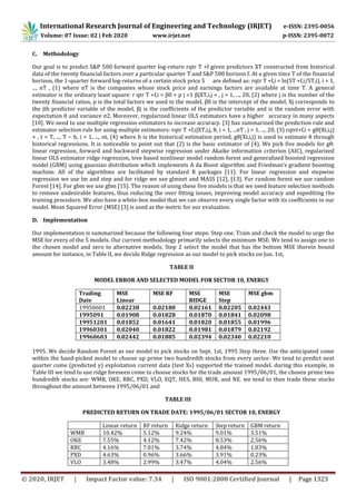 International Research Journal of Engineering and Technology (IRJET) e-ISSN: 2395-0056
Volume: 07 Issue: 02 | Feb 2020 www.irjet.net p-ISSN: 2395-0072
© 2020, IRJET | Impact Factor value: 7.34 | ISO 9001:2008 Certified Journal | Page 1323
C. Methodology
Our goal is to predict S&P 500 forward quarter log-return rqtr T +f given predictors XT constructed from historical
data of the twenty financial factors over a particular quarter T and S&P 500 horizon f. At a given time T of the financial
horizon, the 1-quarter forward log-returns of a certain stock price S are defined as: rqtr T +f,i = ln(ST +f,i/ST,i), i = 1,
..., nT , (1) where nT is the companies whose stock price and earnings factors are available at time T. A general
estimator is the ordinary least square: r qtr T +f,i = β0 + p j =1 βjXT,i,j + , j = 1, ..., 20, (2) where j is the number of the
twenty financial ratios, p is the total factors we used in the model, β0 is the intercept of the model, Xj corresponds to
the jth predictor variable of the model, βj is the coefficients of the predictor variable and is the random error with
expectation 0 and variance σ2. Moreover, regularized linear OLS estimators have a higher accuracy in many aspects
[10]. We need to use multiple regression estimators to increase accuracy. [3] has summarized the prediction rule and
estimator selection rule for using multiple estimators: rqtr T +f,i|XT,i,j, θ, i = 1, ...nT , j = 1, ..., 20, (3) rqtrt+f,i = gθ(Xt,i,j)
+ , t = T, ..., T − h, i = 1, ..., nt, (4) where h is the historical estimation period, gθ(Xt,i,j) is used to estimate θ through
historical regressions. It is noticeable to point out that (2) is the basic estimator of (4). We pick five models for gθ:
linear regression, forward and backward stepwise regression under Akaike information criterion (AIC), regularized
linear OLS estimator ridge regression, tree based nonlinear model random forest and generalized boosted regression
model (GBM) using gaussian distribution which implements A da Boost algorithm and Friedman’s gradient boosting
machine. All of the algorithms are facilitated by standard R packages [11]. For linear regression and stepwise
regression we use lm and step and for ridge we use glmnet and MASS [12], [13]. For random forest we use random
Forest [14]. For gbm we use gbm [15]. The reason of using these five models is that we need feature selection methods
to remove undesirable features, thus reducing the over fitting issues, improving model accuracy and expediting the
training procedure. We also have a white-box model that we can observe every single factor with its coefficients in our
model. Mean Squared Error (MSE) [3] is used as the metric for our evaluation.
D. Implementation
Our implementation is summarized because the following four steps: Step one. Train and check the model to urge the
MSE for every of the 5 models. Our current methodology primarily selects the minimum MSE. We tend to assign one to
the chosen model and zero to alternative models. Step 2 select the model that has the bottom MSE therein bound
amount for instance, in Table II, we decide Ridge regression as our model to pick stocks on Jun. 1st,
TABLE II
MODEL ERROR AND SELECTED MODEL FOR SECTOR 10, ENERGY
Trading
Date
MSE
Linear
MSE RF MSE
RIDGE
MSE
Step
MSE gbm
19950601 0.02238 0.02180 0.02161 0.02205 0.02443
1995091 0.01908 0.01828 0.01870 0.01841 0.02098
19951201 0.01852 0.01641 0.01820 0.01855 0.01996
19960301 0.02040 0.01822 0.01981 0.01879 0.02192
19960603 0.02442 0.01885 0.02394 0.02340 0.02210
1995. We decide Random Forest as our model to pick stocks on Sept. 1st, 1995 Step three. Use the anticipated come
within the hand-picked model to choose up prime two hundredth stocks from every sector. We tend to predict next
quarter come (predicted y) exploitation current data (test Xs) supported the trained model. during this example, in
Table III we tend to use ridge foreseen come to choose stocks for the trade amount 1995/06/01, the chosen prime two
hundredth stocks are: WMB, OKE, RRC, PXD, VLO, EQT, HES, BHI, MUR, and NE. we tend to then trade these stocks
throughout the amount between 1995/06/01 and
TABLE III
PREDICTED RETURN ON TRADE DATE: 1995/06/01 SECTOR 10, ENERGY
Linear return RF return Ridge return Step return GBM return
WMB 10.42% 5.12% 9.24% 9.01% 3.51%
OKE 7.55% 4.12% 7.42% 8.53% 2.56%
RRC 4.16% 7.01% 3.74% 4.84% 1.83%
PXD 4.63% 0.96% 3.66% 3.91% 0.23%
VLO 3.48% 2.99% 3.47% 4.04% 2.56%
 