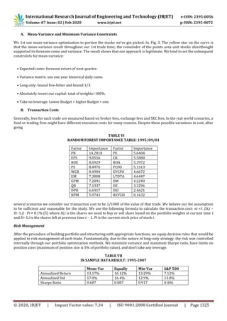 International Research Journal of Engineering and Technology (IRJET) e-ISSN: 2395-0056
Volume: 07 Issue: 02 | Feb 2020 www.irjet.net p-ISSN: 2395-0072
© 2020, IRJET | Impact Factor value: 7.34 | ISO 9001:2008 Certified Journal | Page 1325
A. Mean-Variance and Minimum-Variance Constraints
We 1st use mean-variance optimisation to portion the stocks we've got picked. In. Fig. 3. The yellow star on the curve is
that the mean-variance result throughout our 1st trade time; the remainder of the points area unit stocks aforethought
supported its foreseen come and variance. The result shows that our approach is legitimate. We tend to set the subsequent
constraints for mean-variance:
• Expected come: foreseen return of next quarter.
• Variance matrix: use one year historical daily come.
• Long only: bound five-hitter and bound 1/3.
• Absolutely invest our capital: total of weights=100%.
• Take no leverage: Lower Budget = higher Budget = one.
B. Transaction Costs
Generally, fees for each trade are measured based on broker fees, exchange fees and SEC fees. In the real world scenarios, a
fund or trading firm might have different execution costs for many reasons. Despite these possible variations in cost, after
going
TABLE VI
RANDOM FOREST IMPORTANCE TABLE: 1995/09/01
Factor Importance Factor Importance
PB 14.2818 PE 5.6404
EPS 9.0556 CR 5.5080
ROE 8.6929 ROA 5.3972
PS 8.4976 PCFO 5.1313
WCR 8.4904 EVCFO 4.6672
EM 7.3808 LTDTA 4.6447
GPM 7.2091 OM 4.2249
QR 7.1337 DE 3.3296
DPO 6.6917 DSI 2.4621
NPM 5.9743 REVGH 0.1632
several scenarios we consider our transaction cost to be 1/1000 of the value of that trade. We believe our fee assumption
to be sufficient and reasonable for the study. We use the following formula to calculate the transaction cost: ni =1 |St,i −
St−1,i| · Pi × 0.1% (5) where St,i is the shares we need to buy or sell share based on the portfolio weights at current time t
and St−1,i is the shares left at previous time t − 1. Pi is the current stock price of stock i.
Risk Management
After the procedure of building portfolio and structuring with appropriate functions, we equip decision rules that would be
applied to risk management of each trade. Fundamentally, due to the nature of long-only strategy, the risk was controlled
internally through our portfolio optimization methods. We minimize variance and maximum Sharpe ratio, have limits on
position sizes (maximum of position size is 5% of portfolio value), and don’t take any leverage.
TABLE VII
IN SAMPLE DATA RESULT: 1995-2007
Mean-Var Equally Min-Var S&P 500
Annualized Return 13.17% 16.12% 13.29% 7.12%
Annualized Std 17.0% 16.4% 12.9% 13.8%
Sharpe Ratio 0.687 0.887 0.917 0.406
 