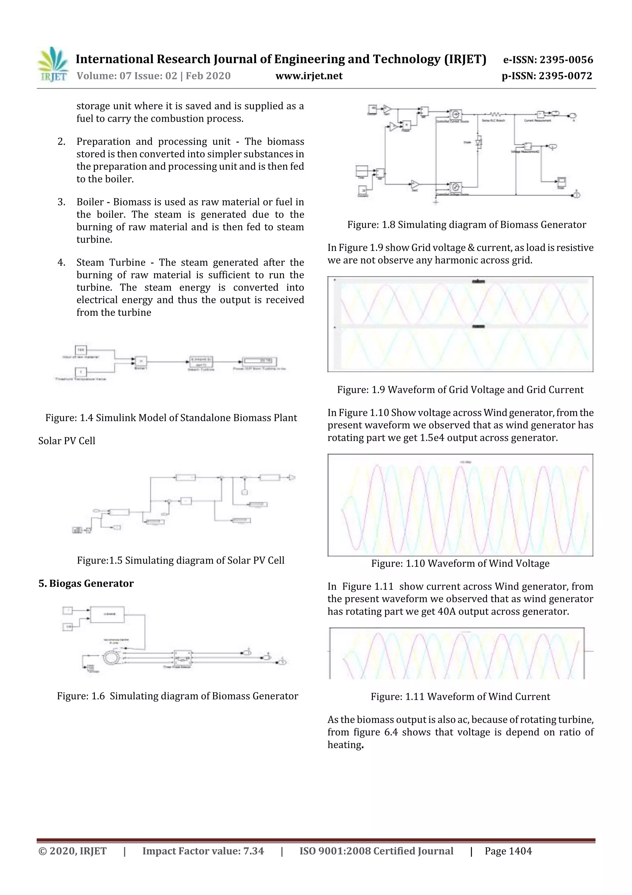 International Research Journal of Engineering and Technology (IRJET) e-ISSN: 2395-0056
Volume: 07 Issue: 02 | Feb 2020 www.irjet.net p-ISSN: 2395-0072
© 2020, IRJET | Impact Factor value: 7.34 | ISO 9001:2008 Certified Journal | Page 1404
storage unit where it is saved and is supplied as a
fuel to carry the combustion process.
2. Preparation and processing unit - The biomass
stored is then converted into simpler substances in
the preparation and processing unit and is then fed
to the boiler.
3. Boiler - Biomass is used as raw material or fuel in
the boiler. The steam is generated due to the
burning of raw material and is then fed to steam
turbine.
4. Steam Turbine - The steam generated after the
burning of raw material is sufficient to run the
turbine. The steam energy is converted into
electrical energy and thus the output is received
from the turbine
Figure: 1.4 Simulink Model of Standalone Biomass Plant
Solar PV Cell
Figure:1.5 Simulating diagram of Solar PV Cell
5. Biogas Generator
Figure: 1.6 Simulating diagram of Biomass Generator
Figure: 1.8 Simulating diagram of Biomass Generator
In Figure 1.9 show Grid voltage & current, as load isresistive
we are not observe any harmonic across grid.
Figure: 1.9 Waveform of Grid Voltage and Grid Current
In Figure 1.10 Show voltage across Windgenerator,from the
present waveform we observed that as wind generator has
rotating part we get 1.5e4 output across generator.
Figure: 1.10 Waveform of Wind Voltage
In Figure 1.11 show current across Wind generator, from
the present waveform we observed that as wind generator
has rotating part we get 40A output across generator.
Figure: 1.11 Waveform of Wind Current
As the biomass output is also ac, because of rotating turbine,
from figure 6.4 shows that voltage is depend on ratio of
heating.
 