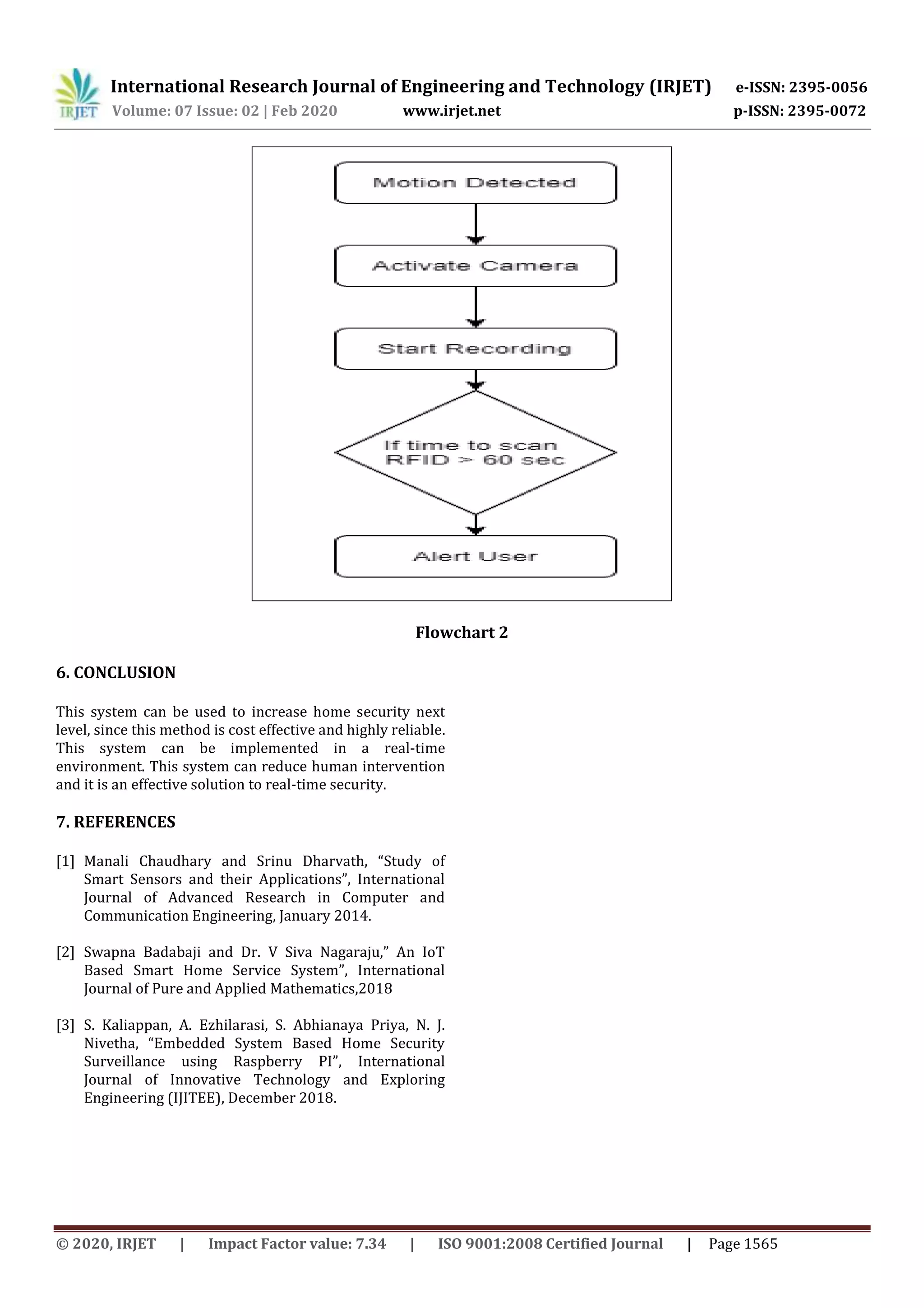 International Research Journal of Engineering and Technology (IRJET) e-ISSN: 2395-0056
Volume: 07 Issue: 02 | Feb 2020 www.irjet.net p-ISSN: 2395-0072
© 2020, IRJET | Impact Factor value: 7.34 | ISO 9001:2008 Certified Journal | Page 1565
Flowchart 2
6. CONCLUSION
This system can be used to increase home security next
level, since this method is cost effective and highly reliable.
This system can be implemented in a real-time
environment. This system can reduce human intervention
and it is an effective solution to real-time security.
7. REFERENCES
[1] Manali Chaudhary and Srinu Dharvath, “Study of
Smart Sensors and their Applications”, International
Journal of Advanced Research in Computer and
Communication Engineering, January 2014.
[2] Swapna Badabaji and Dr. V Siva Nagaraju,” An IoT
Based Smart Home Service System”, International
Journal of Pure and Applied Mathematics,2018
[3] S. Kaliappan, A. Ezhilarasi, S. Abhianaya Priya, N. J.
Nivetha, “Embedded System Based Home Security
Surveillance using Raspberry PI”, International
Journal of Innovative Technology and Exploring
Engineering (IJITEE), December 2018.
 