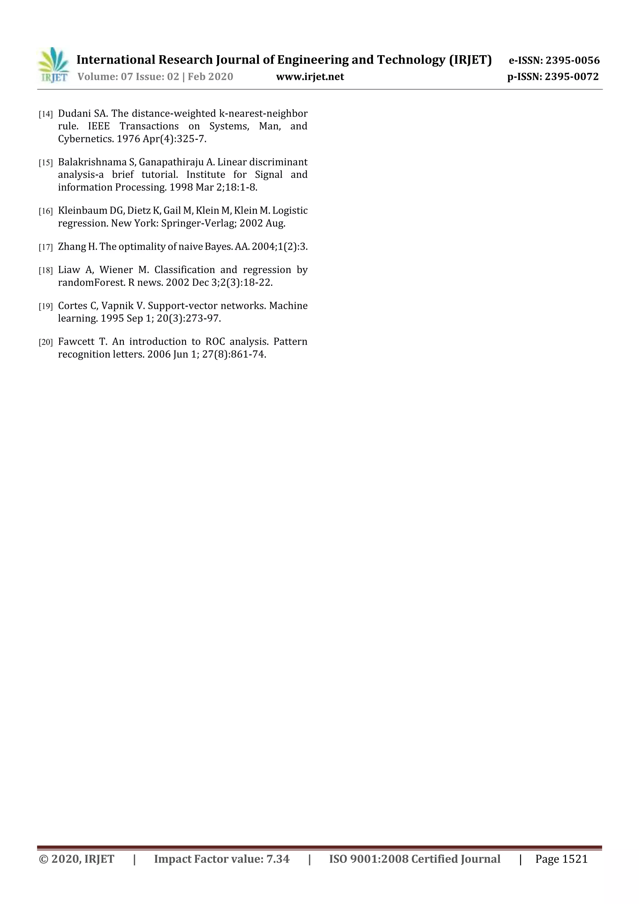 International Research Journal of Engineering and Technology (IRJET) e-ISSN: 2395-0056
Volume: 07 Issue: 02 | Feb 2020 www.irjet.net p-ISSN: 2395-0072
© 2020, IRJET | Impact Factor value: 7.34 | ISO 9001:2008 Certified Journal | Page 1521
[14] Dudani SA. The distance-weighted k-nearest-neighbor
rule. IEEE Transactions on Systems, Man, and
Cybernetics. 1976 Apr(4):325-7.
[15] Balakrishnama S, Ganapathiraju A. Linear discriminant
analysis-a brief tutorial. Institute for Signal and
information Processing. 1998 Mar 2;18:1-8.
[16] Kleinbaum DG, Dietz K, Gail M, Klein M, Klein M. Logistic
regression. New York: Springer-Verlag; 2002 Aug.
[17] Zhang H. The optimality of naiveBayes.AA.2004;1(2):3.
[18] Liaw A, Wiener M. Classification and regression by
randomForest. R news. 2002 Dec 3;2(3):18-22.
[19] Cortes C, Vapnik V. Support-vector networks. Machine
learning. 1995 Sep 1; 20(3):273-97.
[20] Fawcett T. An introduction to ROC analysis. Pattern
recognition letters. 2006 Jun 1; 27(8):861-74.
 