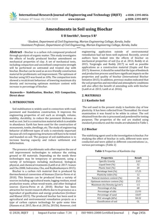 International Research Journal of Engineering and Technology (IRJET) e-ISSN: 2395-0056
Volume: 07 Issue: 02 | Feb 2020 www.irjet.net p-ISSN: 2395-0072
© 2020, IRJET | Impact Factor value: 7.34 | ISO 9001:2008 Certified Journal | Page 2456
Amendments in Soil using Biochar
U B Smrithi1, Soorya S R2
1Student, Department of Civil Engineering, Marian Engineering College, Kerala, India
2Assistant Professor, Department of Civil Engineering, Marian Engineering College, Kerala, India
---------------------------------------------------------------------***----------------------------------------------------------------------
Abstract - Biochar is a carbon rich compound produced
through pyrolysis of organic matter. This study investigates
the effects of locally produced biochar amendment on
mechanical properties of clay. A set of mechanical tests,
including compaction and unconfined compressivestrength
will be performed on untreated and treated clay with
biochar. Biochar can be used as an eco-friendly construction
material for problematic soil improvement. The optimum of
biochar using UCS was found as 10%. The compaction tests
showed a recalcitrant behaviour of lowering maximum dry
density and increasing optimum moisture content with
increase in percentage of biochar.
Keywords— Stabilization, Biochar, UCS Compaction,
Direct shear
1. INTRODUCTION
Soil stabilization is widely used in connection with road,
pavement and foundation construction. It improves the
engineering properties of soil such as strength, volume,
stability, durability, to reduce the pavement thickness as
well as cost. Soil is a construction material which isavailable
in abundance. Earth has been used for the construction of
monuments, tombs, dwellings, etc. The study of engineering
behavior of different types of soils is extremely important
because all civil engineering structureswill havetobe rested
and founded on soil. The purpose of soil stabilization is to
increase bearing capacity and reduce settlement and
deformation.
The presence of problematic soilsoftenrequirestheuseof
soil improvement technologies to enhance the exiting
ground or fill materials. Depending on the needs these
technologies may be temporary or permanent, using a
variety of techniques including mechanical, biological,
physical, and chemical treatments (Latifi et al. 2017; Ivanov
and Chu 2008; Indraratna, Chu, and Rujikiatkamjorn 2015).
Biochar is a carbon rich material that is produced by
thermochemical conversion of biomass (Garcia-Perez et al.
2010). This biomass can be produced from a variety of
sources including: agricultural waste,loggingresidues,wood
production waste, urban wood-waste, and other biological
sources (Garcia-Perez et al. 2010). Biochar has been
attractive for recent research efforts due to its presence as a
byproduct of gasification and energy production (Grebner
and Khanal 2015). The produced biochar has been used in
agricultural and environmental remediation projects as a
type of carbon capture technology for quite some time
(Hansen et al. 2015, Xie et al. 2015a, 2015b). However, civil
engineering application outside of environmental
remediation had not been well explored. Recently, several
authors have looked into the effects of biochar on
mechanical properties of soil (Lu et al. 2014, Reddy et al.
2015, Yargicoglu and Reddy 2017) as well as possible
applications as a construction material (Gupta and Kua
2017). However, it should be notedthatthetypeoffeedstock
and production process used have significantimpactsonthe
properties and quality of biochar (International Biochar
Initiative 2015). In addition, previous studies indicated that
the soil propertiesandmicrobial andatmosphericconditions
will also affect the benefit of amending soils with biochar
(Latifi et al. 2015; Latifi et al. 2016).
2. MATERIALS
2.1 Kaolinite Soil
The soil used in the present study is kaolinite clay of low
plasticity. It has been collected from Thonnakkal. On visual
examination it was found to be white in colour. The soil
obtained from the site is processedandpowderedfortesting
purposes. The properties of the soil are studied using
standard procedures and the resultsaretabulatedinTable1.
2.2 Biochar
The stabilizing agent used in the investigationisbiochar.For
studying the effect of biochar in soils, different tests were
conducted and were added in different concentrations i.e.,
various percentages. (Table 2)
Table 1 Properties of Kaolinite clay
Properties Result
Specific Gravity 2.63
Liquid limit (%) 32
Plastic limit (%) 20
Shrinkage limit (%) 17.25
Plasticity index (%) 12
Natural moisture content (%) 26
Optimum moisture content (%) 23.5
Maximum dry Density (g/cm3) 1.5
Percentage of clay 68
Percentage of silts 21.93
Percentage of sand 10.07
UCC strength (kPa) 50.32
Classification of soil CL
 