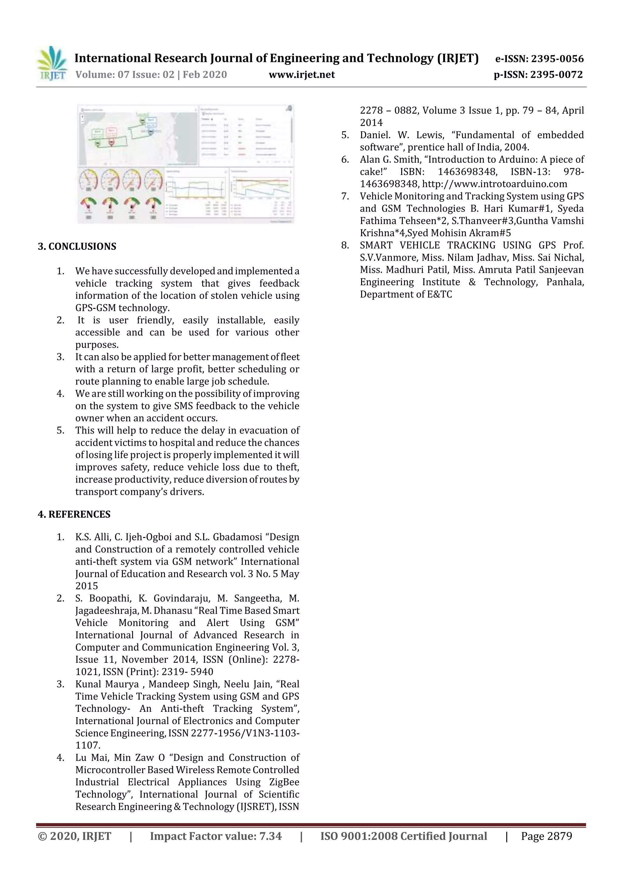 International Research Journal of Engineering and Technology (IRJET) e-ISSN: 2395-0056
Volume: 07 Issue: 02 | Feb 2020 www.irjet.net p-ISSN: 2395-0072
© 2020, IRJET | Impact Factor value: 7.34 | ISO 9001:2008 Certified Journal | Page 2879
3. CONCLUSIONS
1. We have successfully developedandimplementeda
vehicle tracking system that gives feedback
information of the location of stolen vehicle using
GPS-GSM technology.
2. It is user friendly, easily installable, easily
accessible and can be used for various other
purposes.
3. It can also be applied for better managementoffleet
with a return of large profit, better scheduling or
route planning to enable large job schedule.
4. We are still working on the possibility of improving
on the system to give SMS feedback to the vehicle
owner when an accident occurs.
5. This will help to reduce the delay in evacuation of
accident victims to hospital and reduce the chances
of losing life project is properly implemented it will
improves safety, reduce vehicle loss due to theft,
increase productivity, reduce diversionofroutesby
transport company’s drivers.
4. REFERENCES
1. K.S. Alli, C. Ijeh-Ogboi and S.L. Gbadamosi “Design
and Construction of a remotely controlled vehicle
anti-theft system via GSM network” International
Journal of Education and Research vol. 3 No. 5 May
2015
2. S. Boopathi, K. Govindaraju, M. Sangeetha, M.
Jagadeeshraja, M. Dhanasu “Real Time Based Smart
Vehicle Monitoring and Alert Using GSM”
International Journal of Advanced Research in
Computer and Communication Engineering Vol. 3,
Issue 11, November 2014, ISSN (Online): 2278-
1021, ISSN (Print): 2319- 5940
3. Kunal Maurya , Mandeep Singh, Neelu Jain, “Real
Time Vehicle Tracking System using GSM and GPS
Technology- An Anti-theft Tracking System”,
International Journal of Electronics and Computer
Science Engineering, ISSN 2277-1956/V1N3-1103-
1107.
4. Lu Mai, Min Zaw O “Design and Construction of
Microcontroller Based Wireless Remote Controlled
Industrial Electrical Appliances Using ZigBee
Technology”, International Journal of Scientific
Research Engineering & Technology (IJSRET), ISSN
2278 – 0882, Volume 3 Issue 1, pp. 79 – 84, April
2014
5. Daniel. W. Lewis, “Fundamental of embedded
software”, prentice hall of India, 2004.
6. Alan G. Smith, “Introduction to Arduino: A piece of
cake!” ISBN: 1463698348, ISBN-13: 978-
1463698348, http://www.introtoarduino.com
7. Vehicle Monitoring and Tracking System using GPS
and GSM Technologies B. Hari Kumar#1, Syeda
Fathima Tehseen*2, S.Thanveer#3,Guntha Vamshi
Krishna*4,Syed Mohisin Akram#5
8. SMART VEHICLE TRACKING USING GPS Prof.
S.V.Vanmore, Miss. Nilam Jadhav, Miss. Sai Nichal,
Miss. Madhuri Patil, Miss. Amruta Patil Sanjeevan
Engineering Institute & Technology, Panhala,
Department of E&TC
 