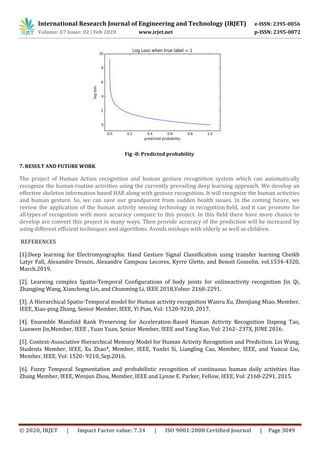 International Research Journal of Engineering and Technology (IRJET) e-ISSN: 2395-0056
Volume: 07 Issue: 02 | Feb 2020 www.irjet.net p-ISSN: 2395-0072
© 2020, IRJET | Impact Factor value: 7.34 | ISO 9001:2008 Certified Journal | Page 3049
Fig -8: Predicted probability
7. RESULT AND FUTURE WORK
The project of Human Action recognition and human gesture recognition system which can automatically
recognize the human routine activities using the currently prevailing deep learning approach. We develop an
effective skeleton information based HAR along with gesture recognition. It will recognize the human activities
and human gesture. So, we can save our grandparent from sudden health issues. In the coming future, we
review the application of the human activity sensing technology in recognition field, and it can promote for
all types of recognition with more accuracy compare to this project. In this field there have more chance to
develop are convert this project in many ways. Then provide accuracy of the prediction will be increased by
using different efficient techniques and algorithms. Avoids mishaps with elderly as well as children.
REFERENCES
[1].Deep learning for Electromyographic Hand Gesture Signal Classification using transfer learning Cheikh
Latyr Fall, Alexandre Drouin, Alexandre Campeau Lecores, Kyrre Glette, and Benoit Gosselin, vol.1534-4320,
March.2019.
[2]. Learning complex Spatio-Temporal Configurations of body joints for onlineactivity recognition Jin Qi,
Zhangjing Wang, Xiancheng Lin, and Chunming Li, IEEE 2018,Volno: 2168-2291.
[3]. A Hierarchical Spatio-Temporal model for Human activity recognition Wanru Xu, Zhenjiang Miao, Member,
IEEE, Xiao-ping Zhang, Senior Member, IEEE, Yi Pian, Vol: 1520-9210, 2017.
[4]. Ensemble Manifold Rank Preserving for Acceleration-Based Human Activity Recognition Dapeng Tao,
Lianwen Jin,Member, IEEE , Yuan Yuan, Senior Member, IEEE and Yang Xue, Vol: 2162- 237X, JUNE 2016.
[5]. Context-Associative Hierarchical Memory Model for Human Activity Recognition and Prediction. Lei Wang,
Students Member, IEEE, Xu Zhao*, Member, IEEE, Yunfei Si, Liangling Cao, Member, IEEE, and Yuncai Liu,
Member, IEEE, Vol: 1520- 9210, Sep.2016.
[6]. Fuzzy Temporal Segmentation and probabilistic recognition of continuous human daily activities Hao
Zhang Member, IEEE, Wenjun Zhou, Member, IEEE and Lynne E. Parker, Fellow, IEEE, Vol: 2168-2291, 2015.
 