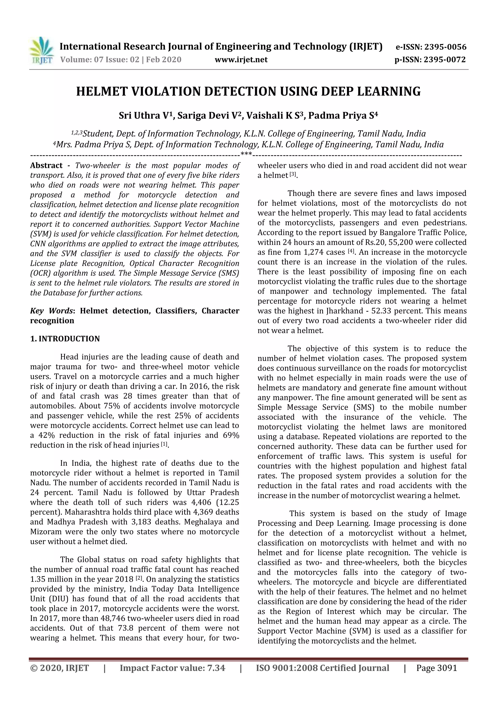 IRJET - Helmet Violation Detection using Deep Learning | PDF