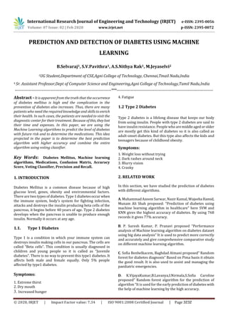 IRJET - Prediction and Detection of Diabetes using Machine Learning ...