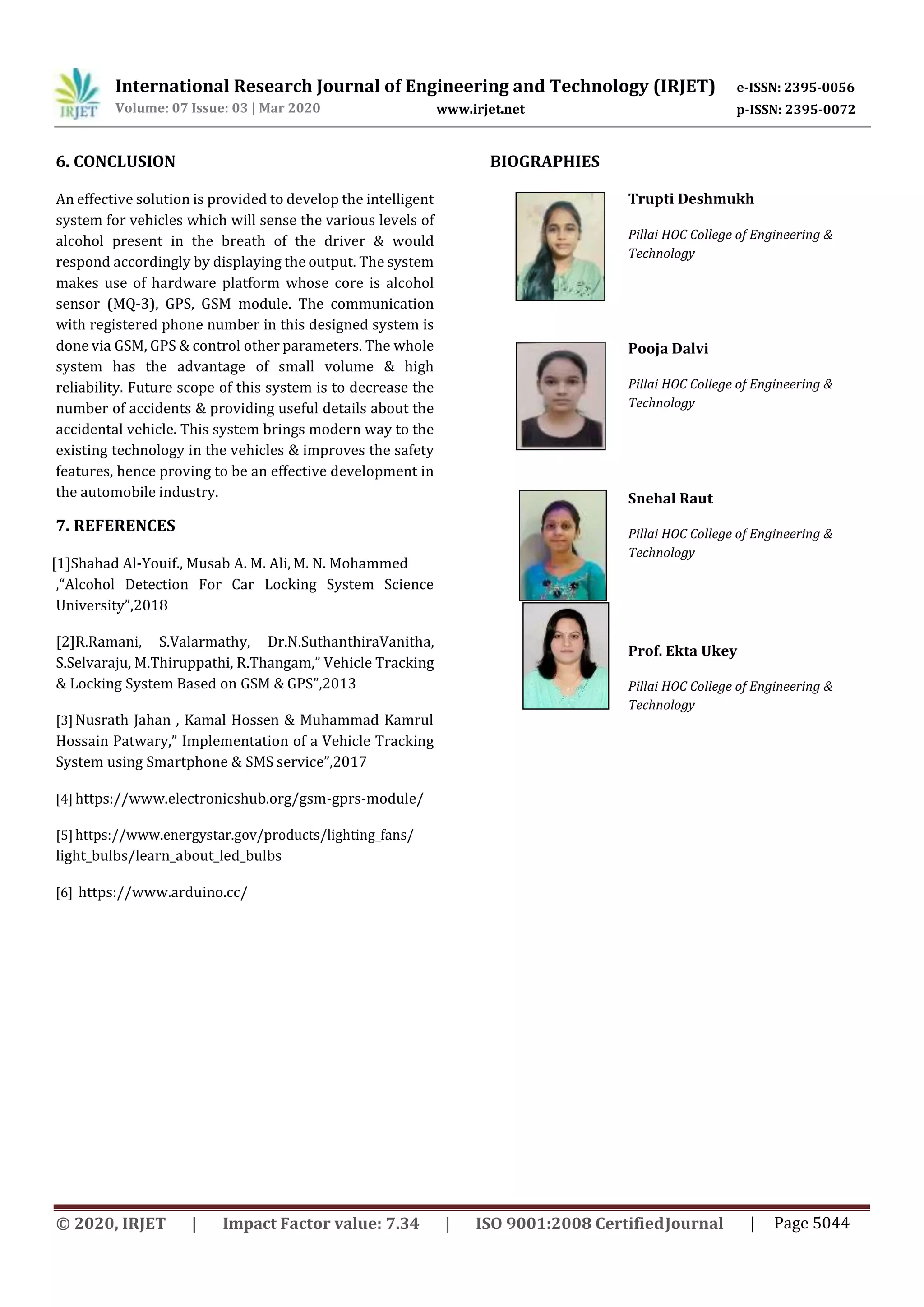 IRJET -  	  Intelligent System for Vehicle Controlling with Alcohol Detection using Smart Technology