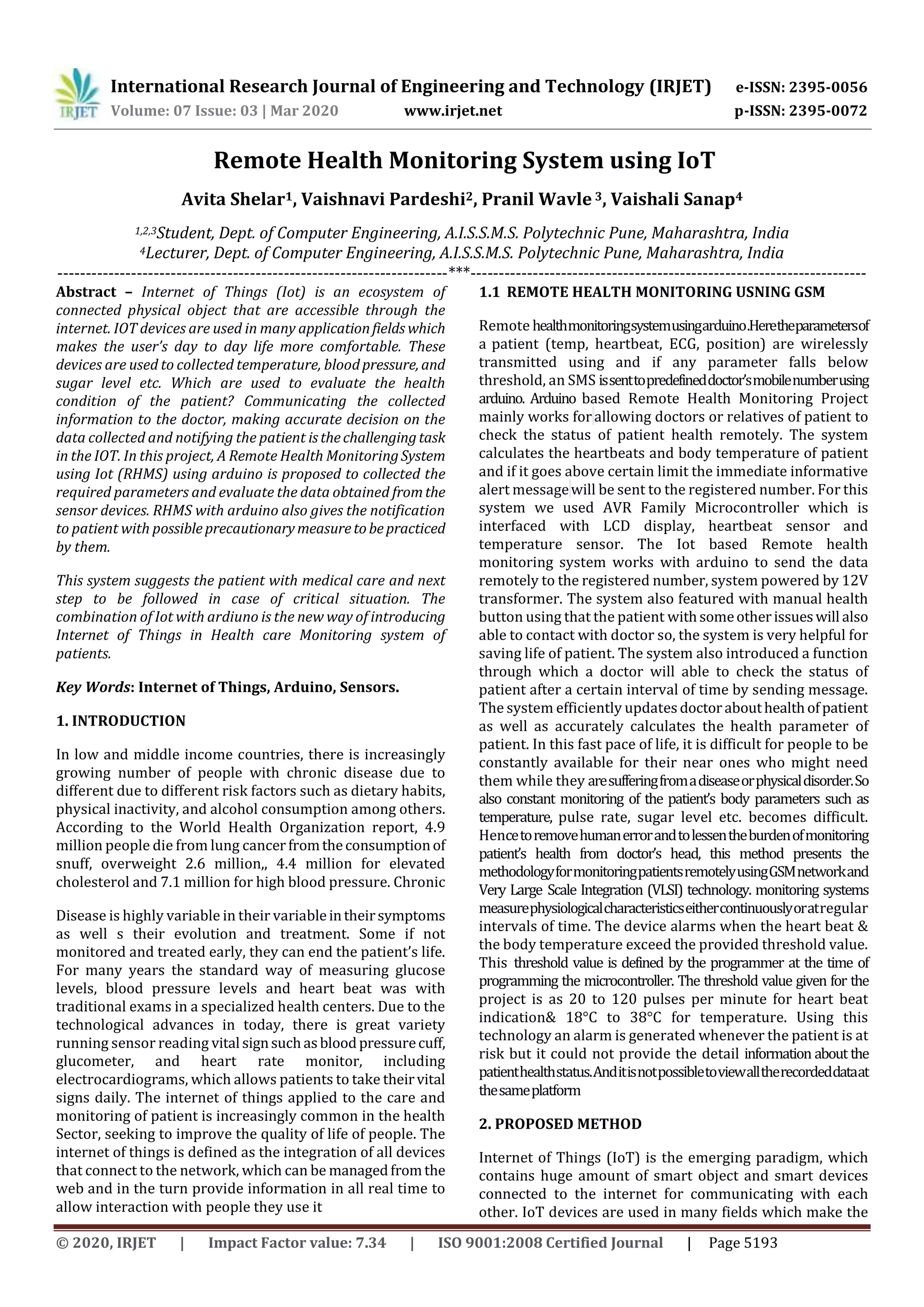 IRJET - Remote Health Monitoring System using IoT