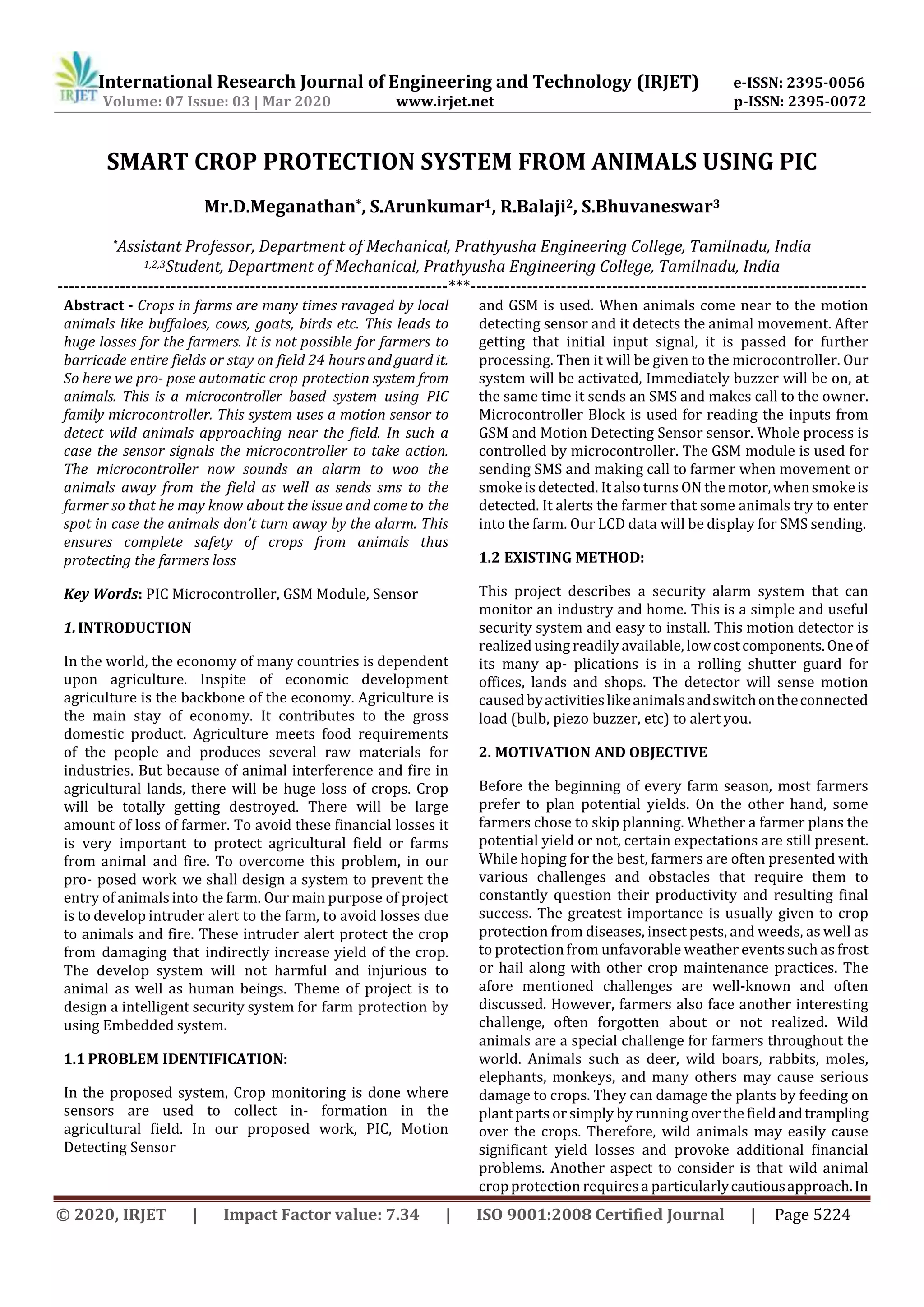 IRJET - Smart Crop Protection System from Animals using PIC