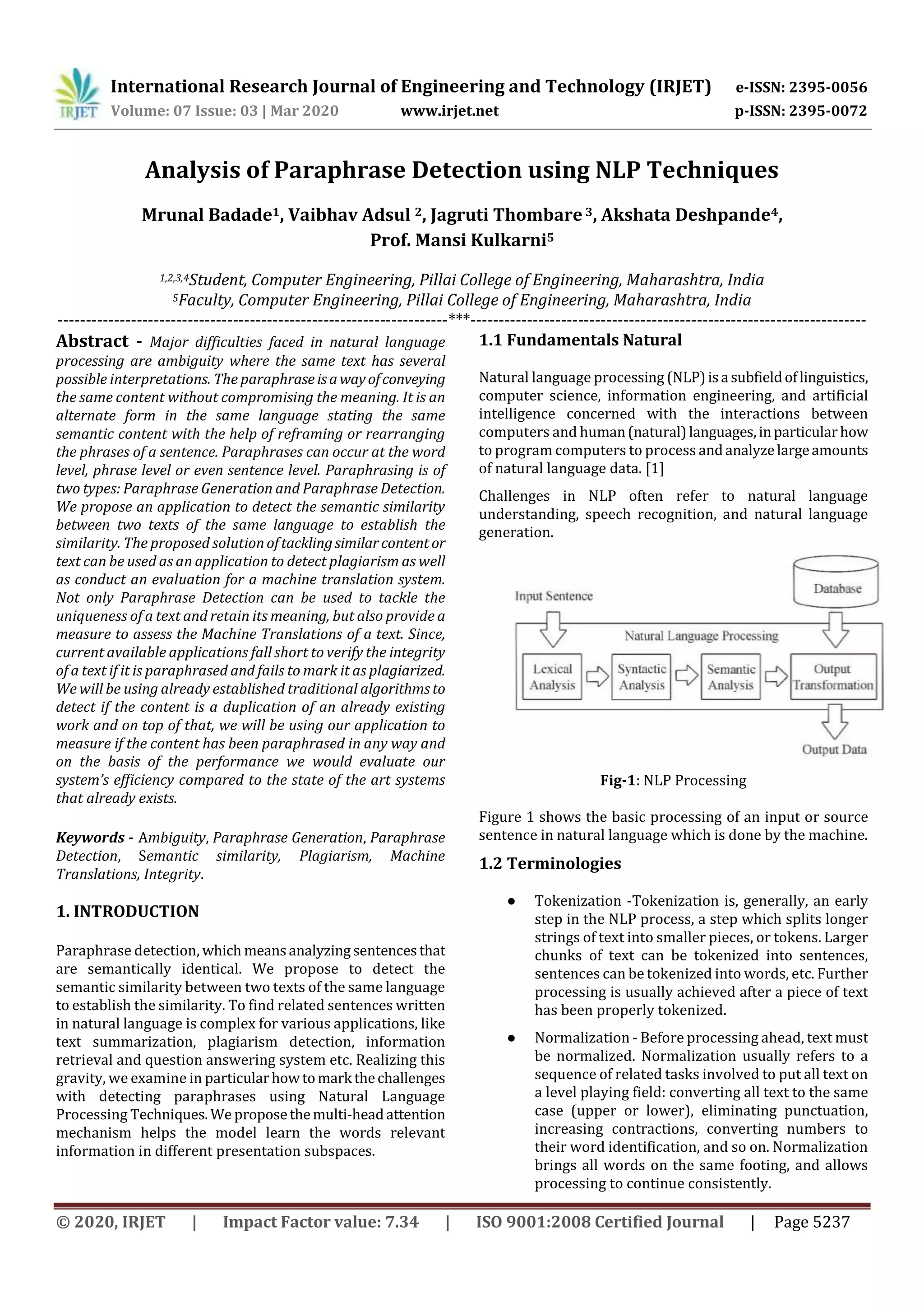 IRJET - Analysis of Paraphrase Detection using NLP Techniques