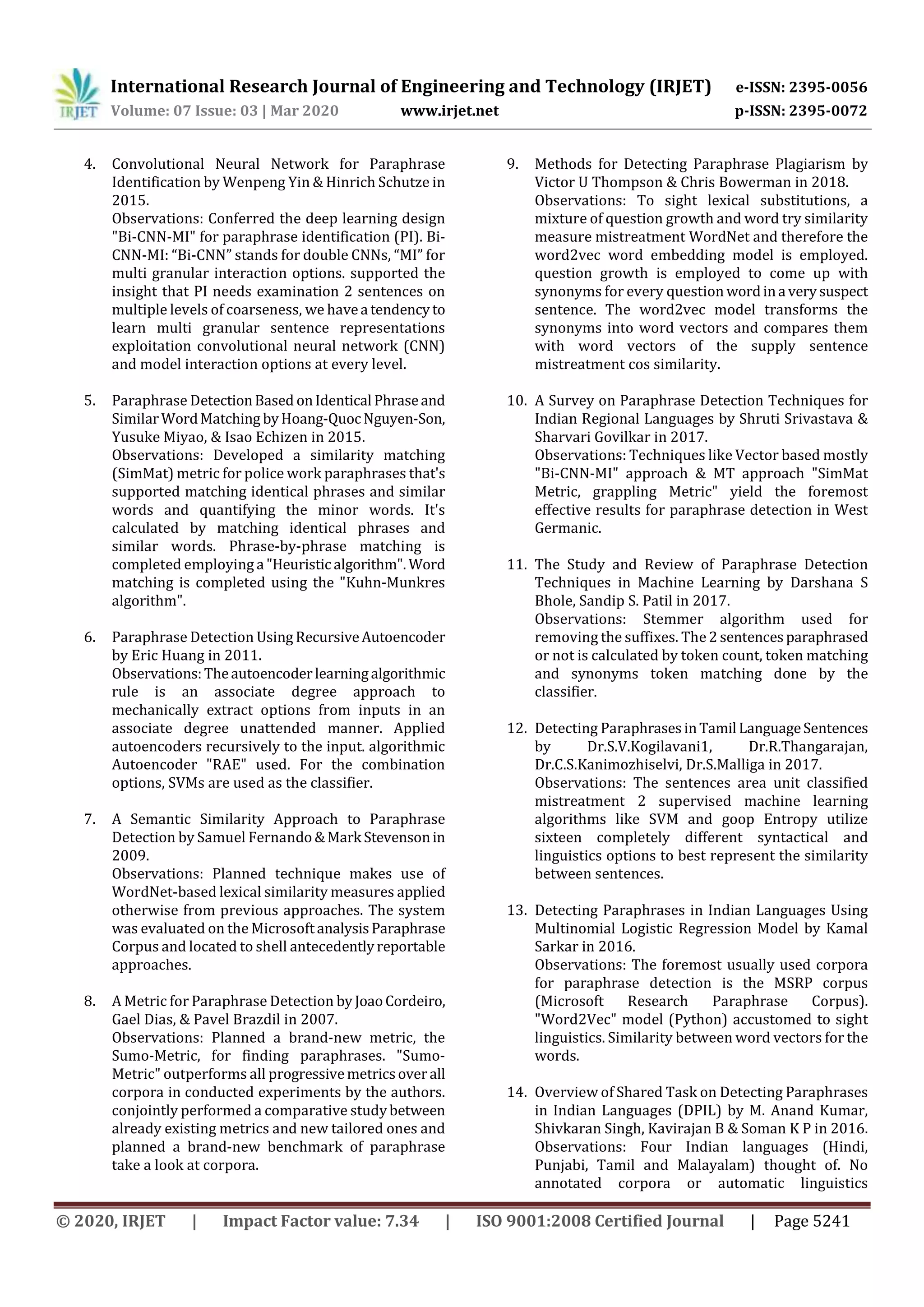 IRJET - Analysis of Paraphrase Detection using NLP Techniques