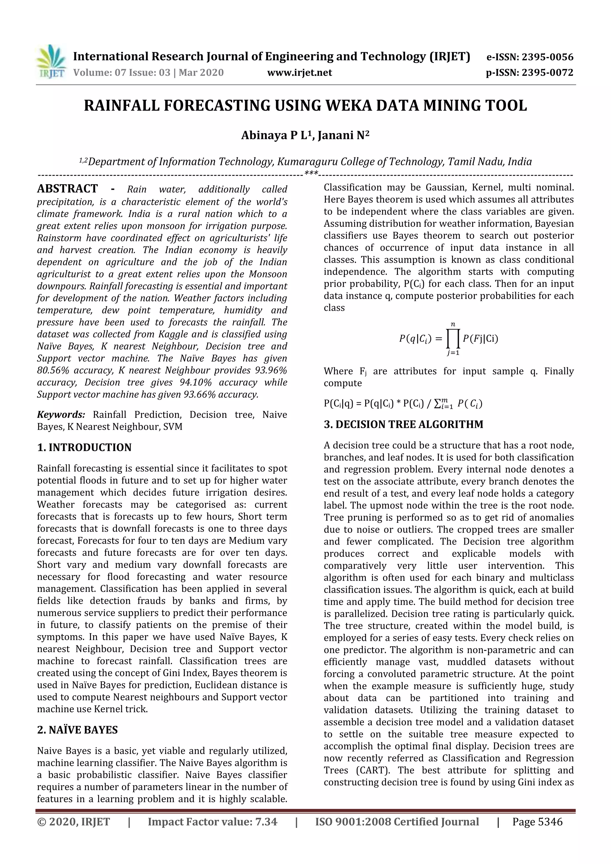 IRJET - Rainfall Forecasting using Weka Data Mining Tool