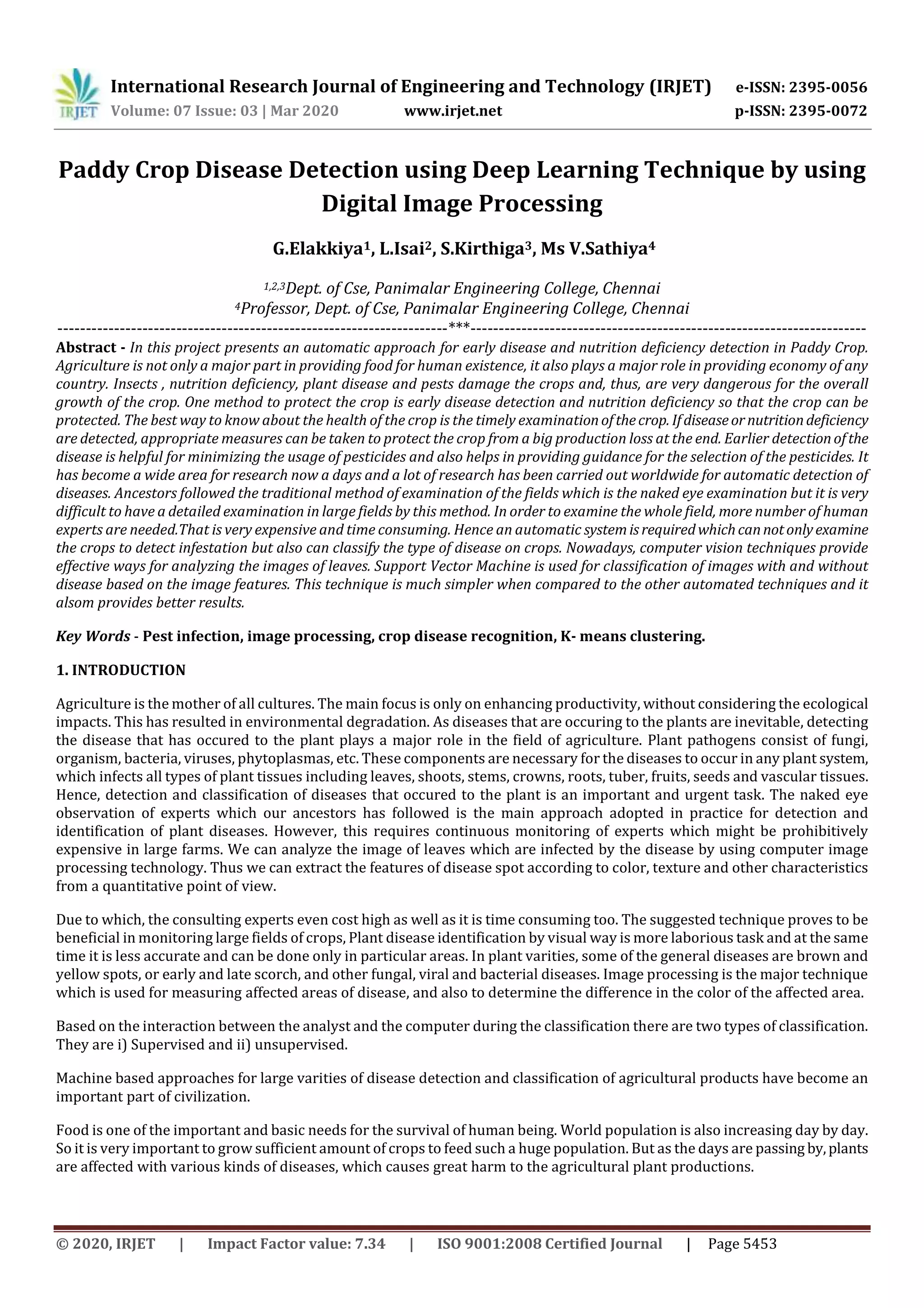 IRJET - Paddy Crop Disease Detection using Deep Learning Technique by using Digital Image Processing