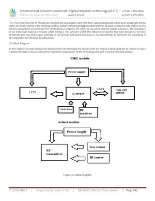 International Research Journal of Engineering and Technology (IRJET) e-ISSN: 2395-0056
Volume: 07 Issue: 03 | Mar 2020 www.irjet.net p-ISSN: 2395-0072
© 2020, IRJET | Impact Factor value: 7.34 | ISO 9001:2008 Certified Journal | Page 696
The rise of the Internet of Things has changed the way people react with their surroundings and this project sheds light on the
same and helps improve the workings of how human interaction happens during times of quick responses and makes us less
careless about how we commute thereby helping us improve the safety of ourselves and the people around us. The possibility
of an individual making a mistake while riding a two wheeler under the influence of alcohol has been known to increase
drastically and thus this project will help us not only spread awareness about it, but also attempt to eliminate the possibility of
driving under the influence of substances.
3.2. Block Diagram
In this chapter we shall discuss the details of the functioning of the helmet with the help of a block diagram as shown in figure
4 below that takes into account all the important components of the technology that will constitute the end product.
Figure 3.2. Block Diagram
 