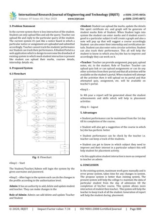 International Research Journal of Engineering and Technology (IRJET) e-ISSN: 2395-0056
Volume: 07 Issue: 03 | Mar 2020 www.irjet.net p-ISSN: 2395-0072
© 2020, IRJET | Impact Factor value: 7.34 | ISO 9001:2008 Certified Journal | Page 888
3. Problem Statement
In the current system there is less interaction of the student.
Student can only upload files and ask the query. Teacher can
upload file and reply to the particular query of the student.
The current system it’s just like a notice board in which a
particular notice or assignment are uploaded and submitted
accordingly. Teacher cannot track the students’performance
nor Student can track their performance.AStudentPortalisa
web application which is design toovercomethedrawbackof
existing system in which muchstudent interaction is present
like student can upload their marks, courses details,
internship details etc.
4. Proposed System
4.1 Flowchart
Fig -1: Flowchart
•Step1: - Start
The Student/Teacher/Admin will login the system by the
given username and password.
•Step2: - After login in the system each can do the changesin
the profile according to the authorization level.
Admin: It has an authority to add, delete andupdatestudent
and teacher. They can make changes in the
Role of Admin: Admin can add delete and update Teacher
and Student
•Student: Student can upload the marks, update the details
like sport certificate etc. and graph will be generate of
student marks Role of Student: When Student login into
system the student can enter marks and if student score’s
good in a particular subject it will create a graph and also a
note will pop up that will suggest a course accordingly
Student can also enter their internship and certification de-
tails. Student can also enter extra circular activities. Student
can also track their performance. This all will help the
student to know in which area he/she has to improve and
accordingly they can work on it.
•Teacher: Teachercanprovideassignment,pop quiz,upload
notes, etc. to the student. Role of Teacher: Teacher can
upload quiz link or can upload assignments or can do any
other activities from their portal andthatall activitieswill be
available on the student’s portal. When student will attempt
all the activities then it will upload on its portal and that
attempted quiz, assignment, etc. will be available on
teacher’s portal.
•Step3: -
In 4th year a report will be generated about the student
achievements and skills which will help in placement
activities
•Step 4: - logout
5. Advantages
• Student performance can be maintained from the 1st day
till its completion of the course.
• Student will also get a suggestion of the course in which
he/she has perform better
• Student performance can be check by the teacher i.e.
teacher can keep a track of the students.
• Student can get to know in which subject they need to
improve and their interest in a particular subject this will
help student for placement activity.
• In this application student interactionismoreascompared
to teacher an admin
6. CONCLUSION
In the existing system, maximum work goes manually and is
error prone system, takes time for any changes in system.
The propose system is better than existing system. The
present system will help the college to maintain the data of
particular student from the day of admission till the
completion of his/her course. This system allows more
interaction of student then teacher. Thissystemwill help the
teacher to keep track of all the student. Generation of report
will help the student during placement.
 