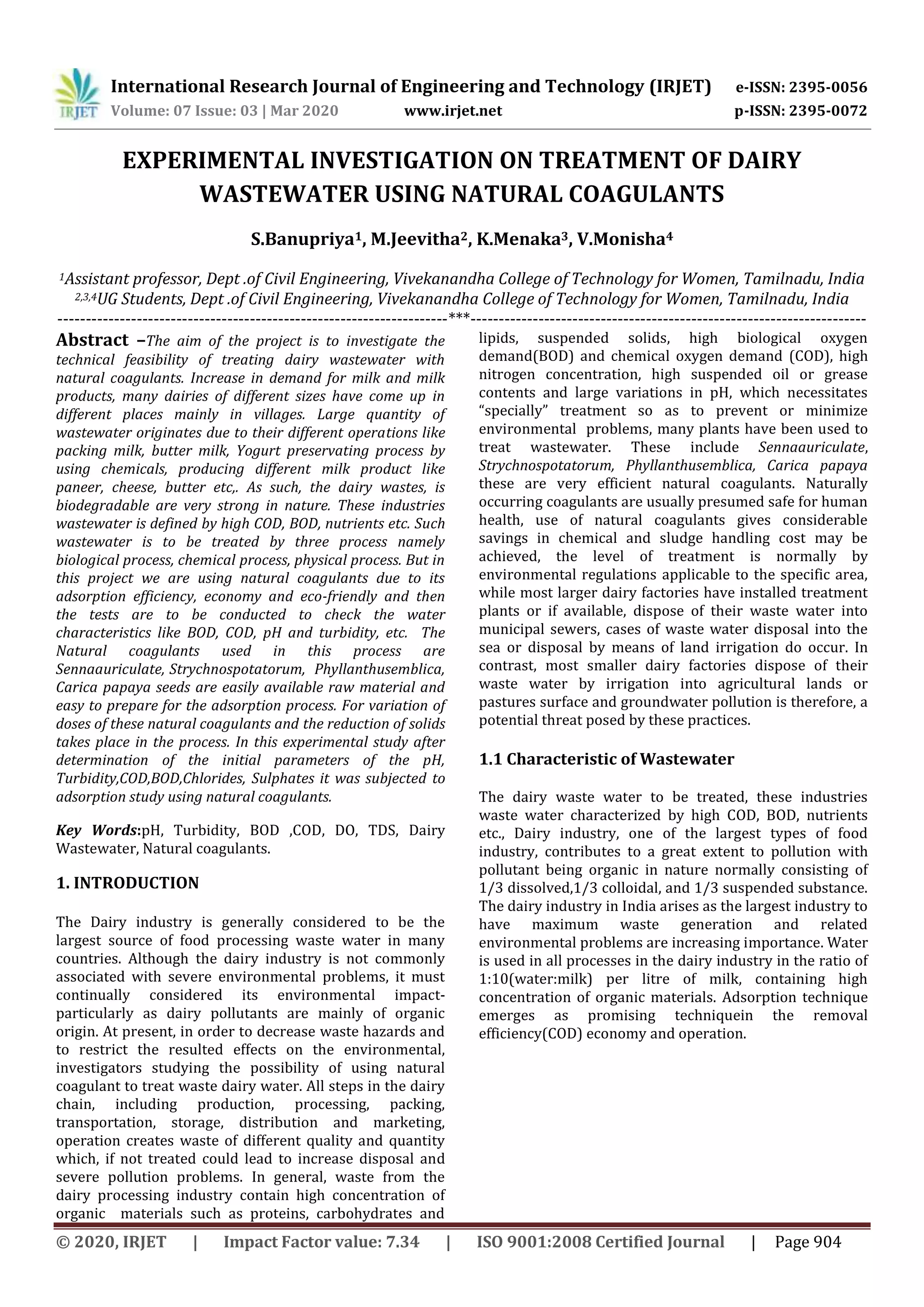 IRJET - Experimental Investigation on Treatment of Dairy Wastewater ...