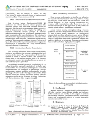 INTERNATIONAL RESEARCH JOURNAL OF ENGINEERING AND TECHNOLOGY (IRJET) E-ISSN: 2395-0056
VOLUME: 07 ISSUE: 03 | MAR 2020 WWW.IRJET.NET P-ISSN: 2395-0072
© 2020, IRJET | Impact Factor value: 7.34 | ISO 9001:2008 Certified Journal | Page 1144
(“encryption”), and to unmask it before its use
(“decryption”).It is easy and much simpler to implement and
does not need any virtual environment[14].
3.4.11 Data Structure Layout Randomization(DSLR)
Data Structure Layout Randomization(DSLR) [2]
randomizes the relative distances between program data
structures (struct, class, and stack variables declared in
functions) and also performs permutation of data structures.
DSLR is implemented in the compiler by adding new
keywords (obfuscate, reorder, garbage). It provides
flexibility by allowing the user to choose the above keywords
in any combination. The major limitation of this technique is
that the number of possible permutations is a function of the
number of the data structures (represented by n) and the
number of data elements in each data structure (represented
by m). The total number of possible combinations is given by
formula (m!)n. In reality this is not a large number as most
functions take only 3-4 arguments.
3.4.12 Function Frame Runtime Randomization
FFRR technique transforms the stack by adding random
number of words before the memory is allocated to the local
variables in the stack. The representation of the random
numbers is taken as function of time. The numbers are
chosen priori by the function prologue using LFSR the most
recent random number is retained and serves as a seed for
next random sequence generation.
This approach increases the cost for each function call. To
reduce the cost the approach is applied only for buffer-type
local variables. For each function we bring in the number of
random variables (for each buffer in the function) and the
random values are used to add the random number of words
(padding) before the each buffer-type local variables. FFRR
does not impact the existing process for pushing software
updates or patches as the proposed technique randomizes
only the run time copy of the program binary[2].
Figure 5: Function Frame Runtime Randomization [2]
3.4.13 Heap Memory Randomization
Heap memory randomization is done by over-allocating
the requested chunk of memory in the heap and then placing
the returned chunk within the over-allocated chunk. The
library functions for heap memory management are
wrapped with randomization code. There is no need of
source code change of the application as the patches are
applied to heap memory management mechanism.
A dual random padding strategy(appending a random
pad below and above the pointer to the heap memory chunk)
is used for every memory allocation. The randomization
ensures that each heap allocation request gets a different
buffer during separate instances of running program. The
internal layout of the heap chunk is different as the pad1 and
pad1 are different on every run. This approach mitigates
heap overflow attacks in deployed software [20].
Figure 6: Allocated heap memory chunk with dual random
padding [20]
4. Conclusions
We have presented a detailed categorization and analysis
of buffer overflow vulnerabilities, attacks, and defenses.
Buffer overflows are worthy of this degree of analysis
because they constitute a majority of security vulnerability
issues, and a substantial majority of remote penetration
security vulnerability issues.
5. References
[1] C. Cowan, C. Pu, D. Maier, H. Hintony, J. Walpole, P.
Bakke, S. Beattie, A. Grier, P. Wagle, and Q. Zhang,
“StackGuard: automatic adaptive detection and
prevention of buffer-overflow attacks,” Proc. 7th Conf.
on USENIX Security Symp., 1998.
 