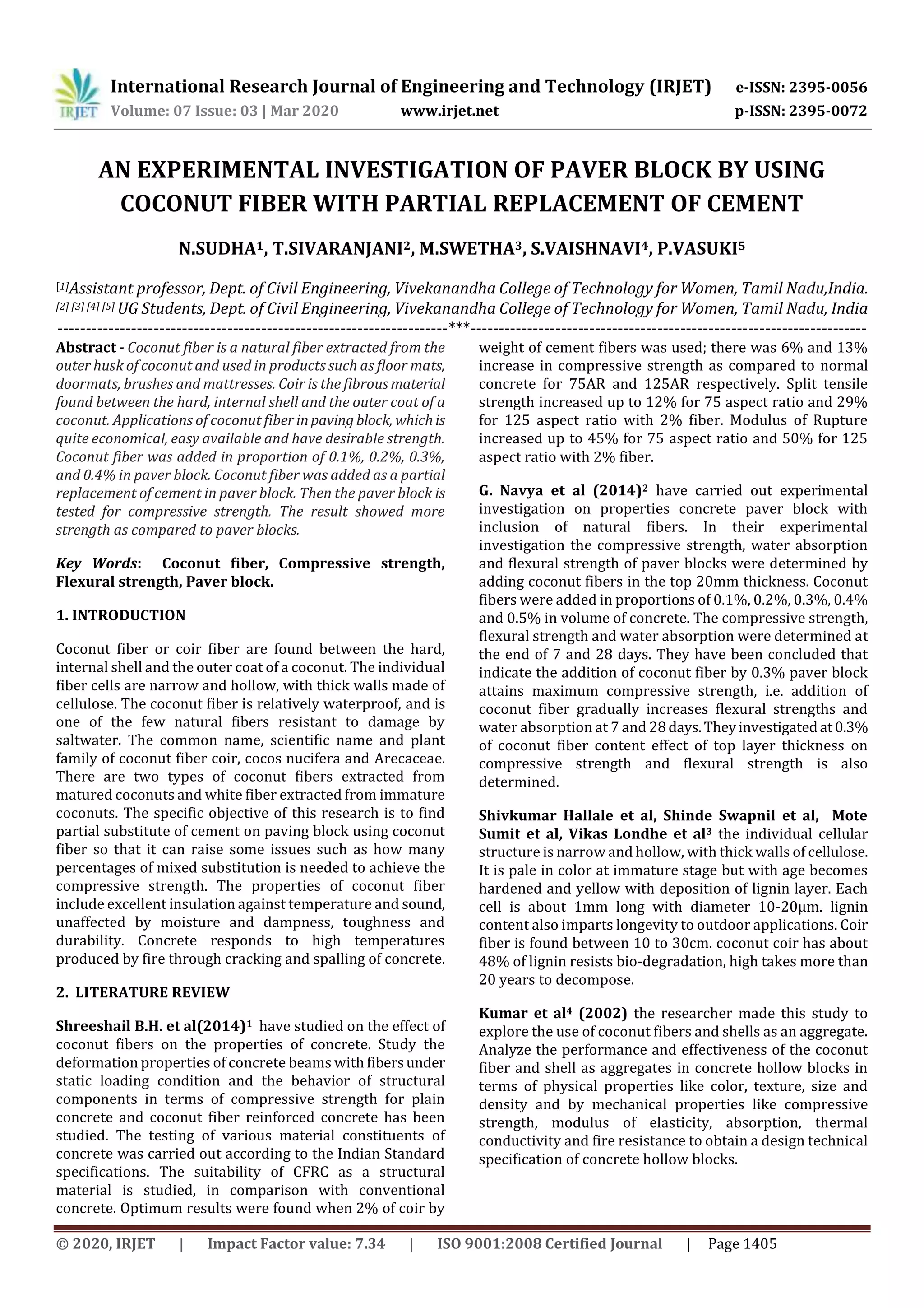 Paver Block Absorption IRJET - An Experimental Investigation of Paver Block by using Coconut ...