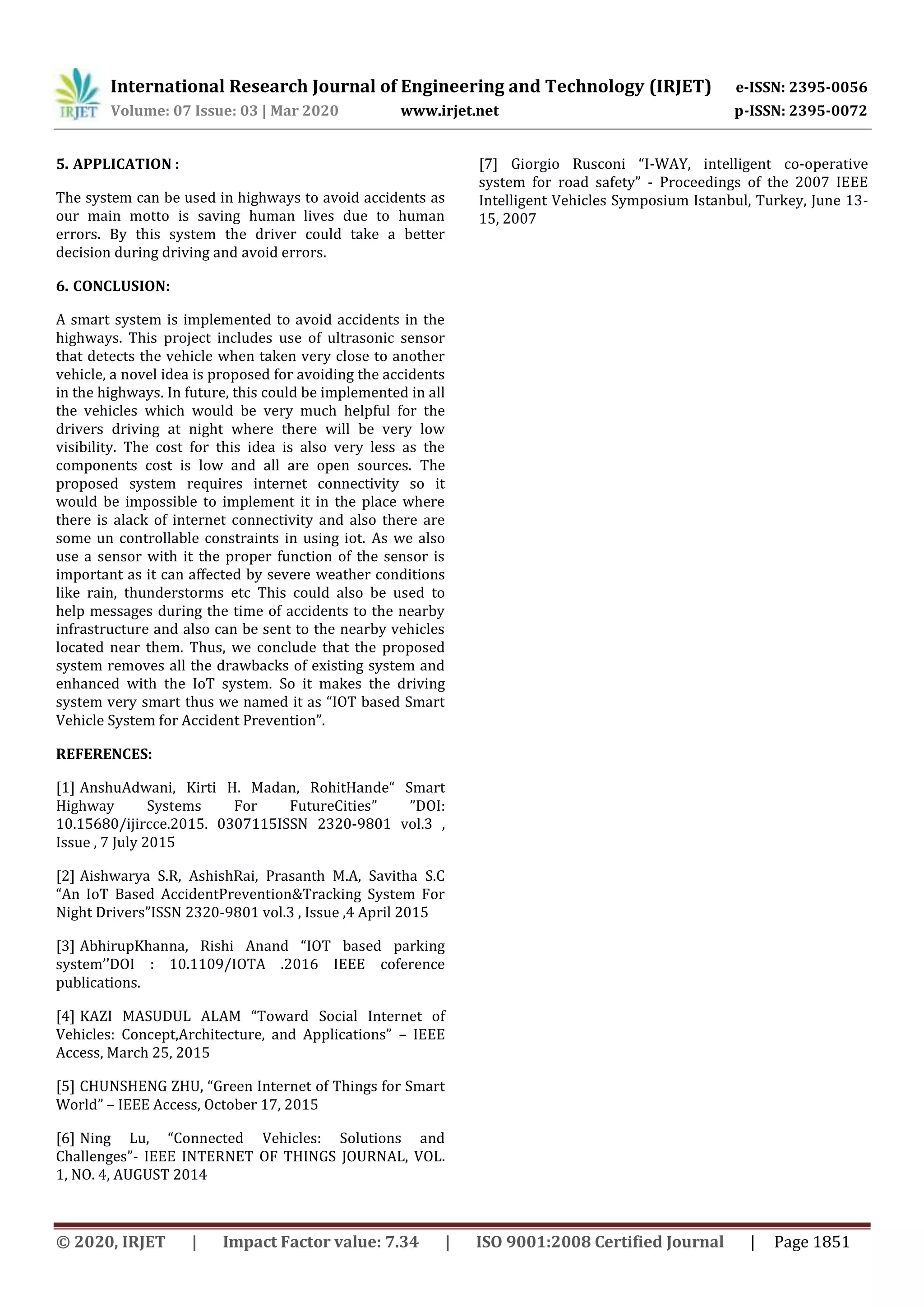 IRJET - IoT based Smart Vehicle Alert System for Accident Prevention | PDF