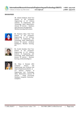 © 2020, IRJET | Impact Factor value: 7.34 | ISO 9001:2008 Certified
BIOGRAPHIES
Mr. Ankush Kulkarni, Final Year
Student of B.E (Computer
Engineering) at G.V Acharya
Institute of Engineering and
Technology, Shelu, Maharashtra.
Domain Of interest – Database,
Data Structure and Algorithm,
Machine learning, Data science.
Ms. Nazmeen Khan, Final Year
Student of B.E (Computer
Engineering) at G.V Acharya
Institute of Engineering and
Technology, Shelu, Maharashtra.
Domain Of interest –Artificial
Intelligence, Machine learning,
IOT.
Ms. Srushti Kombde, Final Year
Student of B.E (Computer
Engineering) at G.V Acharya
Institute of Engineering and
Technology, Shelu, Maharashtra.
Domain Of interest – Machine
learning, ArtificialIntelligence
Ms. Vidya A Nemade (M.E
Computer Science and
Engineering), Asst. Professor and
Head of Department (H.O.D) at
G.V Acharya Institute of
Engineering and Technology,
Shelu, Maharashtra. Domain Of
interest - Image Processing,
Database, Computer Networks,
Compliers.
Journal 2129
 