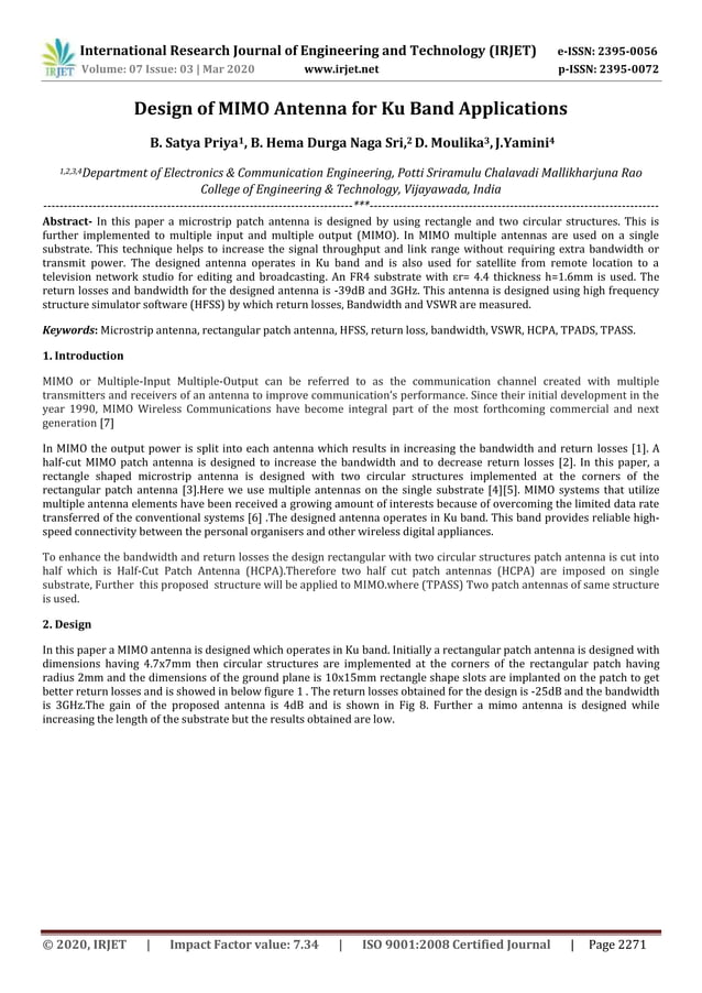 IRJET- Design of MIMO Antenna for KU Band Applications | PDF | Digital ...