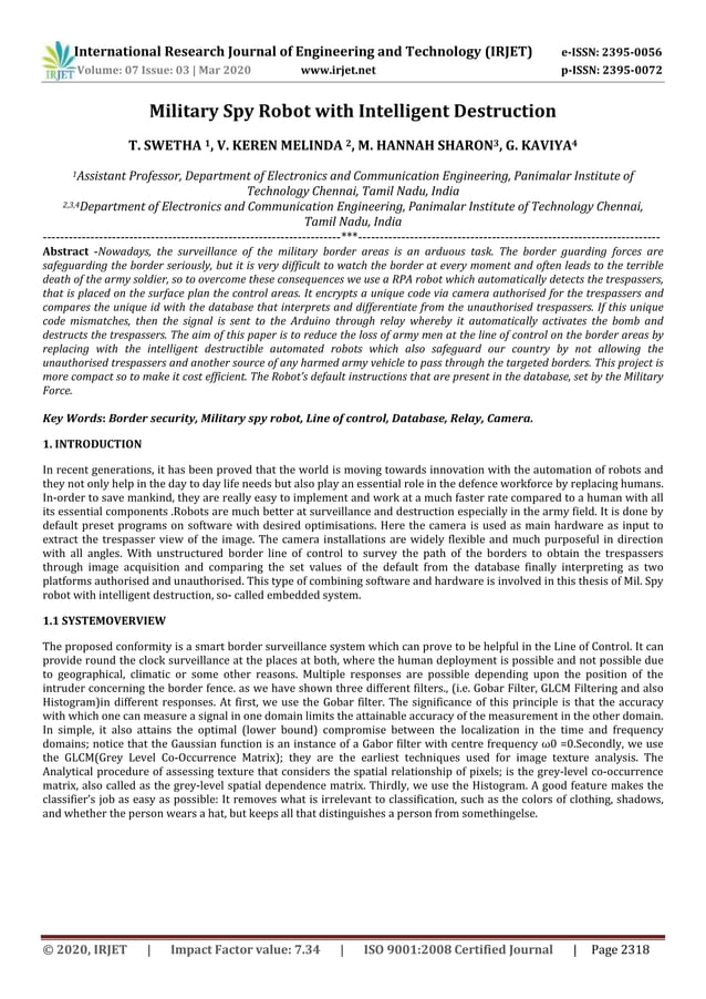 IRJET - Military Spy Robot with Intelligentdestruction | PDF