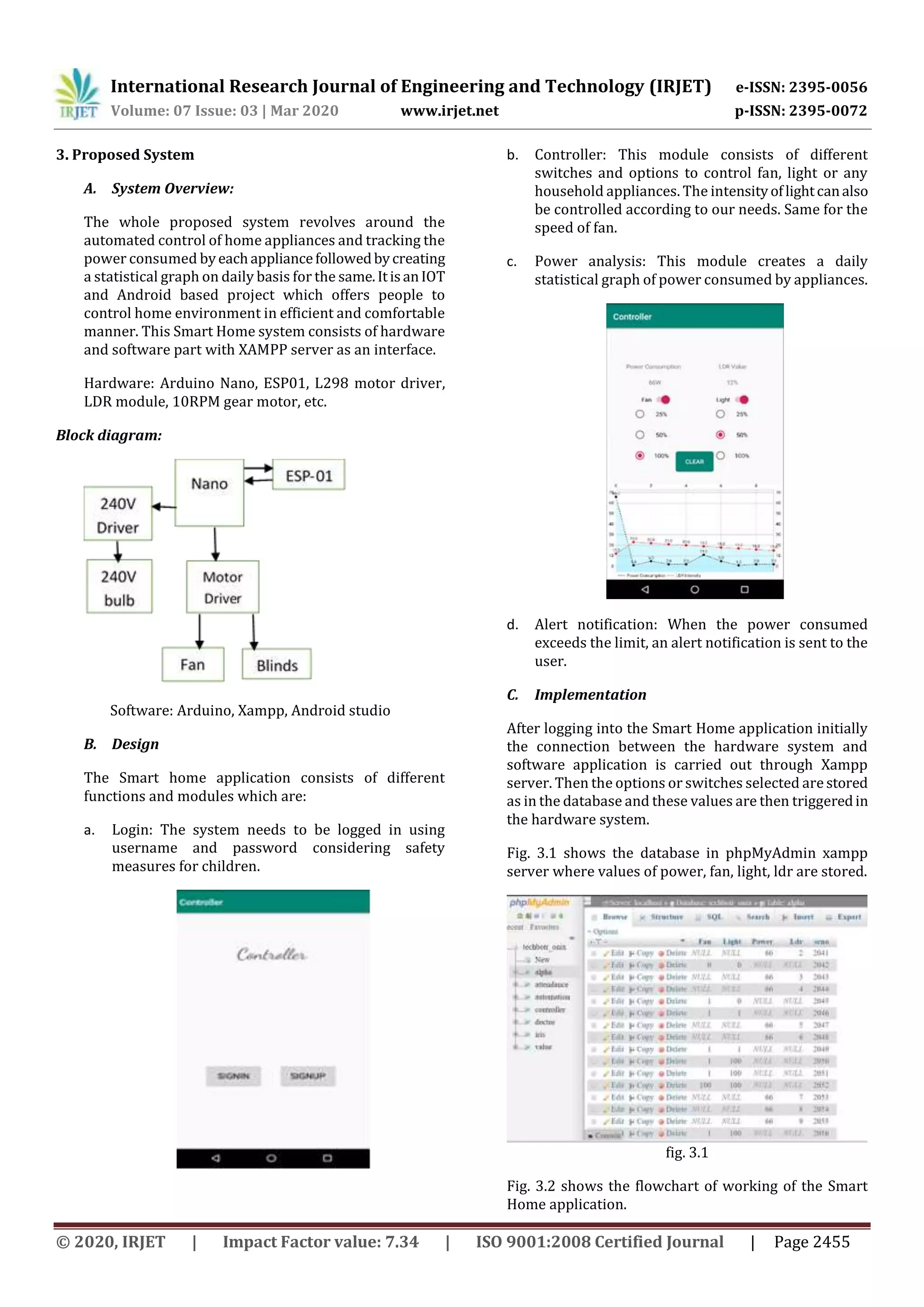 International Research Journal of Engineering and Technology (IRJET) e-ISSN: 2395-0056
Volume: 07 Issue: 03 | Mar 2020 www.irjet.net p-ISSN: 2395-0072
© 2020, IRJET | Impact Factor value: 7.34 | ISO 9001:2008 Certified Journal | Page 2455
3. Proposed System
A. System Overview:
The whole proposed system revolves around the
automated control of home appliances and tracking the
power consumed byeachappliancefollowedbycreating
a statistical graph on daily basis for the same.ItisanIOT
and Android based project which offers people to
control home environment in efficient and comfortable
manner. This Smart Home system consists of hardware
and software part with XAMPP server as an interface.
Hardware: Arduino Nano, ESP01, L298 motor driver,
LDR module, 10RPM gear motor, etc.
Block diagram:
Software: Arduino, Xampp, Android studio
B. Design
The Smart home application consists of different
functions and modules which are:
a. Login: The system needs to be logged in using
username and password considering safety
measures for children.
b. Controller: This module consists of different
switches and options to control fan, light or any
household appliances. The intensityoflightcanalso
be controlled according to our needs. Same for the
speed of fan.
c. Power analysis: This module creates a daily
statistical graph of power consumed by appliances.
d. Alert notification: When the power consumed
exceeds the limit, an alert notification is sent to the
user.
C. Implementation
After logging into the Smart Home application initially
the connection between the hardware system and
software application is carried out through Xampp
server. Then the options or switches selected are stored
as in the database and these values are then triggeredin
the hardware system.
Fig. 3.1 shows the database in phpMyAdmin xampp
server where values of power, fan, light, ldr are stored.
fig. 3.1
Fig. 3.2 shows the flowchart of working of the Smart
Home application.
 