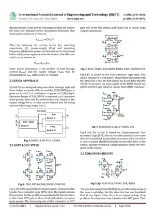 International Research Journal of Engineering and Technology (IRJET) e-ISSN: 2395-0056
Volume: 07 Issue: 03 | Mar 2020 www.irjet.net p-ISSN: 2395-0072
© 2020, IRJET | Impact Factor value: 7.34 | ISO 9001:2008 Certified Journal | Page 2568
dynamic power, static power consumptionlimitsthebattery
life while idle. Dynamic power dissipation dominates chip
when active and it can written as
Pdynamic=αCVDD
2f
Thus, by reducing the activity factor (α), switching
capacitance (C), power-supply (VDD) and operating
frequency (f) dynamic power can be reduced. As mentioned
before static power appears when the deviceintheidlestate
and it can be written as
Pstatic=IstaticVDD
Static power dissipation is the product of total leakage
current (Istatic) and the supply voltage (VDD), thus by
minimizing the Istatic static power is reduced.
2. DESIGN APPORACH
Hybrid FAs are designed using more than one logic style and
these adders are made of three modules, XOR/XNOR gate to
generate So and 2 to 1 multiplexer to generate Co[3] in fig-1.
Optimum design of XOR/XNOR is required, as it consumes
more power, there will be performance loss. Based on the
output voltage level, circuits can be divided into full swing
and non-full swing categories [1].
Fig-1: MODULE OF FULL ADDER
2.1 GATE LOGIC STYLE
Fig-2: FULL SWING XOR/XNOR USING DPL
Fig-2, the full swing XOR/XNOR gatecircuits[6]basedon the
Double Pass-transistorLogic (DPL) style.Themodel contains
8 transistors but the problem associated with this structure
is that it has NOT gate on the critical path which consumes
more power. The increasing size of the transistor in NOT
gate will lower the critical path delay but it causes large
output capacitance.
Fig-3: FULL SWING XOR/XNOR USING PASS-TRANSISTOR
Fig-3 [7] is based on the Pass-transistor logic style. This
model consists of 6 transistors. The problemassociated with
this structure is that the XOR circuit has lowerdelaythanthe
XNOR circuit since the critical path of the XNOR circuit has
pMOS and NOT gate which is slower than nMOS transistor.
Fig-4: XOR/XNOR CIRCUIT USING CPL
Fig-4 [6], the circuit is based on Complementary Pass
transistor Logic (CPL) this increase the speed and overcome
the above drawback but problem associated with this is that
is cross-coupled (feedback)which increase the delay of the
circuit, another drawback is that existence of the two NOT
gates on the circuit.
2.2 XOR/XNOR CIRCUITS
Fig-5(a): NON-FULL SWING XOR/XNOR
The non-full swing XOR/XNOR fig-5(a)isefficientinterms of
the power and delay, but this structure has one drawback
that at one logical value there is an output voltage drop
problem. To overcome, they introduce the NOT gates. Thus
 