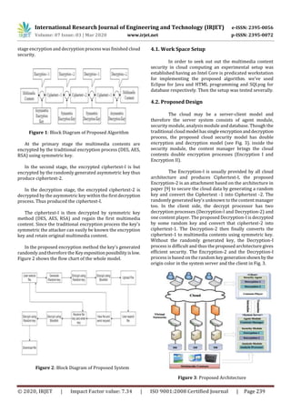 International Research Journal of Engineering and Technology (IRJET) e-ISSN: 2395-0056
Volume: 07 Issue: 03 | Mar 2020 www.irjet.net p-ISSN: 2395-0072
© 2020, IRJET | Impact Factor value: 7.34 | ISO 9001:2008 Certified Journal | Page 239
stage encryption and decryption process was finished cloud
security.
Figure 1: Block Diagram of Proposed Algorithm
At the primary stage the multimedia contents are
encrypted by the traditional encryption process (DES, AES,
RSA) using symmetric key.
In the second stage, the encrypted ciphertext-l is but
encrypted by the randomly generated asymmetric key thus
produce ciphertext-2.
In the decryption stage, the encrypted ciphertext-2 is
decrypted by the asymmetric key within the firstdecryption
process. Thus produced the ciphertext-I.
The ciphertext-l is then decrypted by symmetric key
method (DES, AES, RSA) and regain the first multimedia
content. Since the traditional encryption process the key's
symmetric the attacker can easily be known the encryption
key and retain original multimedia content.
In the proposed encryption method the key's generated
randomly and therefore the Key exposition possibilityislow.
Figure 2 shows the flow chart of the whole model.
Figure 2: Block Diagram of Proposed System
4.1. Work Space Setup
In order to seek out out the multimedia content
security in cloud computing an experimental setup was
established having an Intel Core is predicated workstation
for implementing the proposed algorithm. we've used
Eclipse for Java and HTML programming and SQLyog for
database respectively. Then the setup was tested severally.
4.2. Proposed Design
The cloud may be a server-client model and
therefore the server system consists of agent module,
security module, analysis module and database. Though the
traditional cloudmodel hassingle encryptionanddecryption
process, the proposed cloud security model has double
encryption and decryption model (see Fig. 3). inside the
security module, the content manager brings the cloud
contents double encryption processes (Encryption I and
Encryption II).
The Encryption-I is usually provided by all cloud
architecture and produces Ciphertext-I, the proposed
Encryption-2 is an attachment based on the architecture in
paper [9] to secure the cloud data by generating a random
key and convert the Ciphertext -1 into Ciphertext -2. The
randomly generated key's unknown to the content manager
too. In the client side, the decrypt processor has two
decryption processes (Decryption-l and Decryption-2) and
one content player. The proposed Decryption-I is decrypted
by some random key and convert that ciphertext-2 into
ciphertext-1. The Decryption-2 then finally converts the
ciphertext-1 to multimedia contents using symmetric key.
Without the randomly generated key, the Decryption-I
process is difficult and thus the proposed architecture gives
efficient security. The Encryption-2 and the Decryption-I
process is based on the random keygenerationshownby the
origin color in the system server and the client in Fig. 3.
Figure 3: Proposed Architecture
 