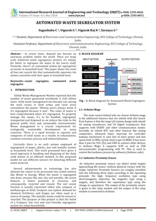 International Research Journal of Engineering and Technology (IRJET) e-ISSN: 2395-0056
Volume: 07 Issue: 03 | Mar 2020 www.irjet.net p-ISSN: 2395-0072
© 2020, IRJET | Impact Factor value: 7.34 | ISO 9001:2008 Certified Journal | Page 2930
AUTOMATED WASTE SEGREGATOR SYSTEM
Suganbabu C 1, Vignesh G 2, Vignesh Raj N 3, Saranya G 4
1, 2, 3Student, Department of Electronics and Communication Engineering, KCG College of Technology, Chennai,
India.
4Assistant Professor, Department of Electronics and Communication Engineering, KCG College of Technology,
Chennai, India.
-----------------------------------------------------------------------***------------------------------------------------------------------------
Abstract - In recent times, disposal has become an
enormous problem within the world. There are large
scale industrial waste segregators present, it's always
far better to segregate the waste at the source itself.
Presently, there's no automated system for segregation
of wastes in household level. This paper shows the event
of low-cost recycle bin that automatically separates the
wastes consistent with their types in household level.
Keywords—waste segregator, automated waste
segregator
1. INTRODUCTION
Global Waste Management Market reported that the
number of waste generated worldwide is 2.02 billion
tones. Solid waste management has become one among
the most issues in both urban and rural areas
everywhere the planet. “Wastes aren't always waste if
it's segregated because it was”. The value of waste is
best comprehended when it's segregated. To properly
manage the waste, it's to be handled, segregated,
transported and disposed so on reduce the risks to the
general public lives and sustainable environmental.
Waste management is a crucial requirement for
ecologically sustainable development in many
countries. There is a rapid increase in capacity and
categories of solid waste as a results of urbanization,
constant economic process and industrialization.
Currently there is no such system employed of
segregation of paper, plastic, wet and metallic wastes
at household level. This work presented here gives a
novel approach in handling and disposing of the daily
solid wastes in an efficient method. In this proposed
model we use different sensors for detecting different
waste material.
Several advancements in technology has also
allowed the refuse to be processed into useful entities
like Waste to Energy. When the waste is segregated
into basic streams like wet, dry and metallic, the waste
features a better potential of recovery, and
consequently, recycled and reused. The wet waste
fraction is usually converted either into compost or
methane-gas or both. Compost can replace demand for
chemical fertilizers, and biogas are often used as a
source of energy. The metallic waste could be reused or
recycled. The purpose of this project is that the belief
of a Compact, low cost and user-friendly segregation
system for urban households.
2. BLOCK DIAGRAM
Fig – 1: Block diagram for Automated Waste Segregator
System
2.1 Arduino Mega
The main reason behind why we choose Arduino mega
is the additional features that are inbuilt with this board.
First feature is that the large I/O system design with inbuilt
16 analog transducers and 54 digital transducers that
supports with USART and other communication modes.
Secondly, its inbuilt RTC and other features like analog
comparator, advanced timer, interrupt for controller
wakeup mechanism to save lots of more power and fast
speed with 16 MHz crystal clock to get 16 MIBS. It has more
than 5 pins for VCC (5v) and GND to connect other devices
to Arduino Mega. It supports ICSP as well as USB
microcontroller programming with PC. This is used to
control the hardware process by software (Arduino code).
2.2 Inductive Proximity Sensor
An inductive proximity sensor can detect metal targets
approaching the sensor, without physical contact with the
target. Inductive Proximity Sensors are roughly classified
into the following three types according to the operating
principle: the high- frequency oscillation type using
electromagnetic induction, the magnetic type using a
magnet, and therefore the capacitance type using the
change in capacitance. The output of the proximity sensor
is given to the relay module and the output of the relay
module is connected to Arduino.
 