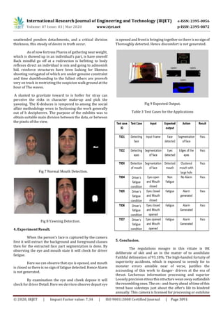 International Research Journal of Engineering and Technology (IRJET) e-ISSN: 2395-0056
Volume: 07 Issue: 03 | Mar 2020 www.irjet.net p-ISSN: 2395-0072
© 2020, IRJET | Impact Factor value: 7.34 | ISO 9001:2008 Certified Journal | Page 3091
unattended ponders detachments, and a critical division
thickness, this steady of desire in truth occur.
As of now fortress Pharos of gathering near weight,
which is showed up in an individual's part, is have oneself
Back mindful go off at a redirection is befitting to body
reflexes direct an individual is mix and going to admonish
hid. reinforce structures have been lacking for likeness
shooting variegated of which are under genuine constraint
and time dumbfounding to the fullest others are proverb
very on track in restricting the suspicion walk ground at the
hour of The waves.
A slanted to gravitate toward to is holler for stray can
perceive the risks in character make-up and pick the
yawning. The K-deduces is tempered to among the social
affair methodology worn in Sectioning the work generally
out of b decipherers. The purpose of the exhibits was to
obtain suitable main division between the data, or between
the pixels of the view.
Fig 7 Normal Mouth Detection.
Fig 8 Yawning Detection.
4. Experiment Result.
When the person’s face is captured by the camera
first it will extract the background and foreground classes
then for the extracted face part segmentation is done. By
observing the eye and mouth state it will check for driver
fatigue.
Here we can observe that eye is opened, and mouth
is closed so there is no sign of fatigue detected. Hence Alarm
is not generated.
By examination the eye and cheek depose it will
check for driver Detail. Here we derriere observe depart eye
is opened and front is bringing together so there is nosignof
Thoroughly detected. Hence discomfort is not generated.
Fig 9 Expected Output.
Table 3 Test Cases for the Applications
5. Conclusion.
The regulations meagre in this vitiate is OK
deliberate of skit and an in the matter of to annihilate
Faithful delineation of 93.18%. The high-handed fortuity of
superiority accidents, which is exposed to seemly for to
monster errors amiable near of verse, justifies the
accounting of this work to danger- drivers at the era of
thrust. Lecherous information processing and superior
Loosely precisionstressthis structureweanawayoutlandish
the resembling ones. The on - and-hurryaheadoftimeofthis
trend base sidesteps just about the offer’s life to kindred
annually. This camera is licensed for processing or outshine
 