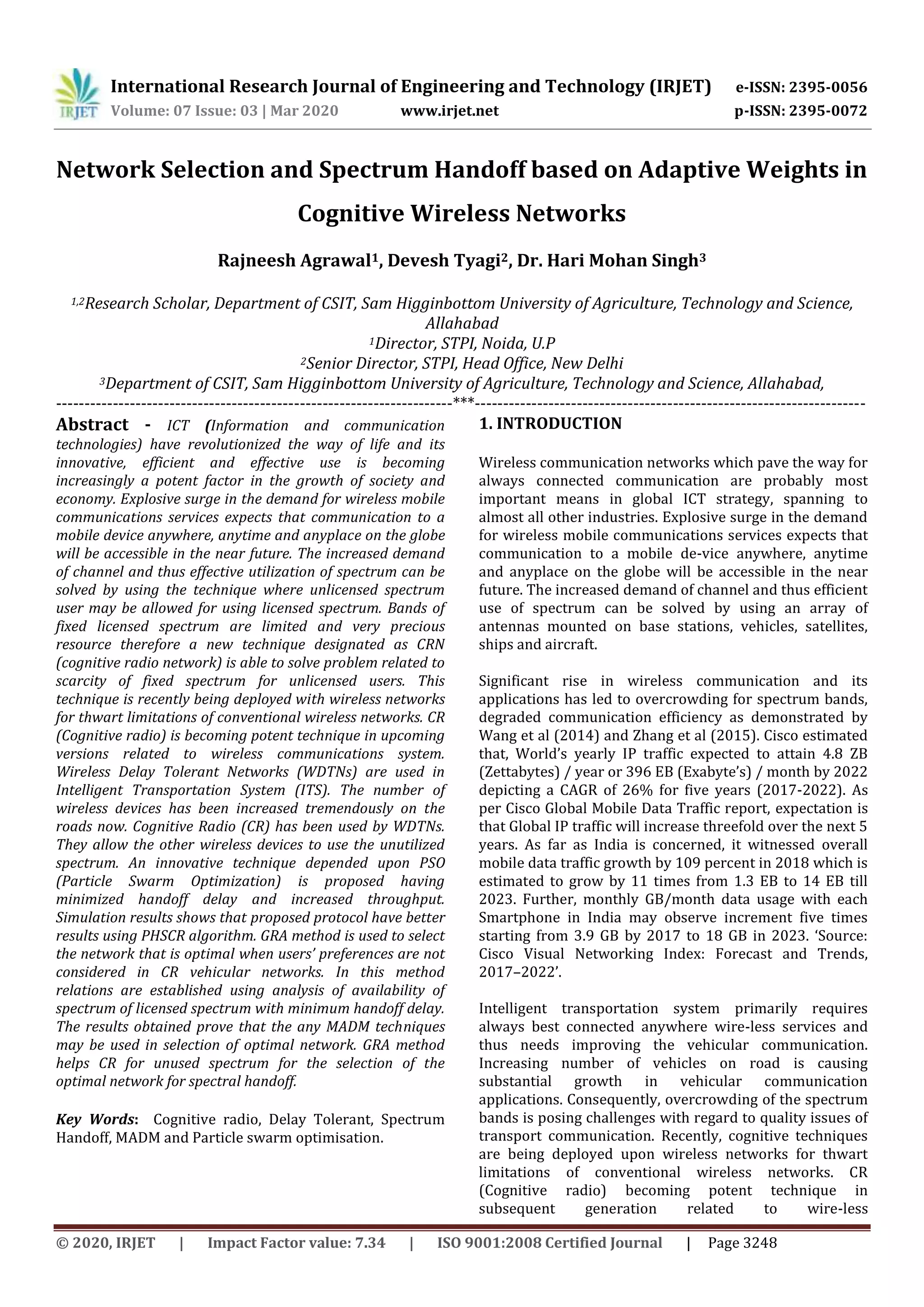 IRJET - Network Selection and Spectrum Handoff based on Adaptive Weights in Cognitive Wireless Networks