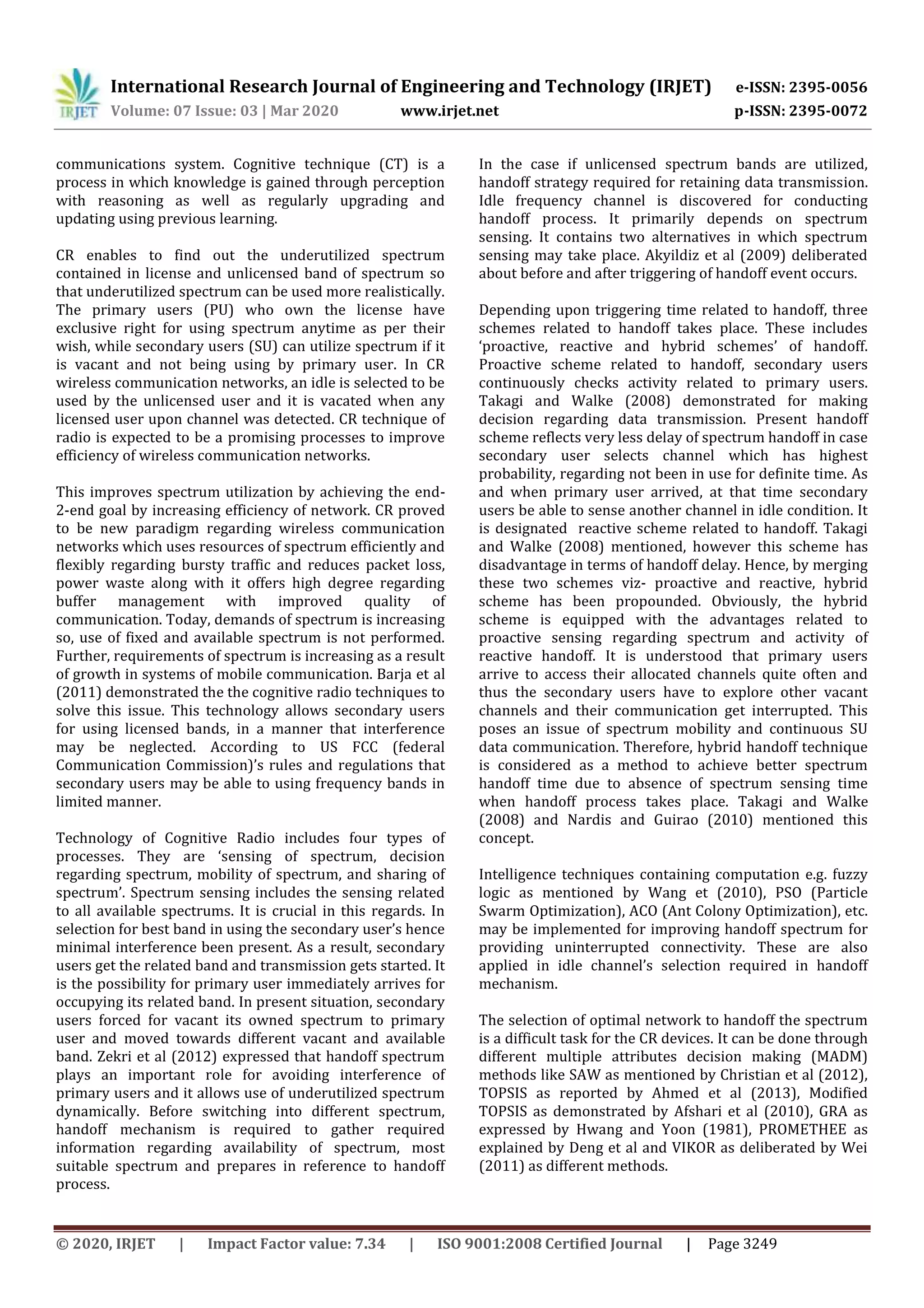 IRJET - Network Selection and Spectrum Handoff based on Adaptive Weights in Cognitive Wireless Networks