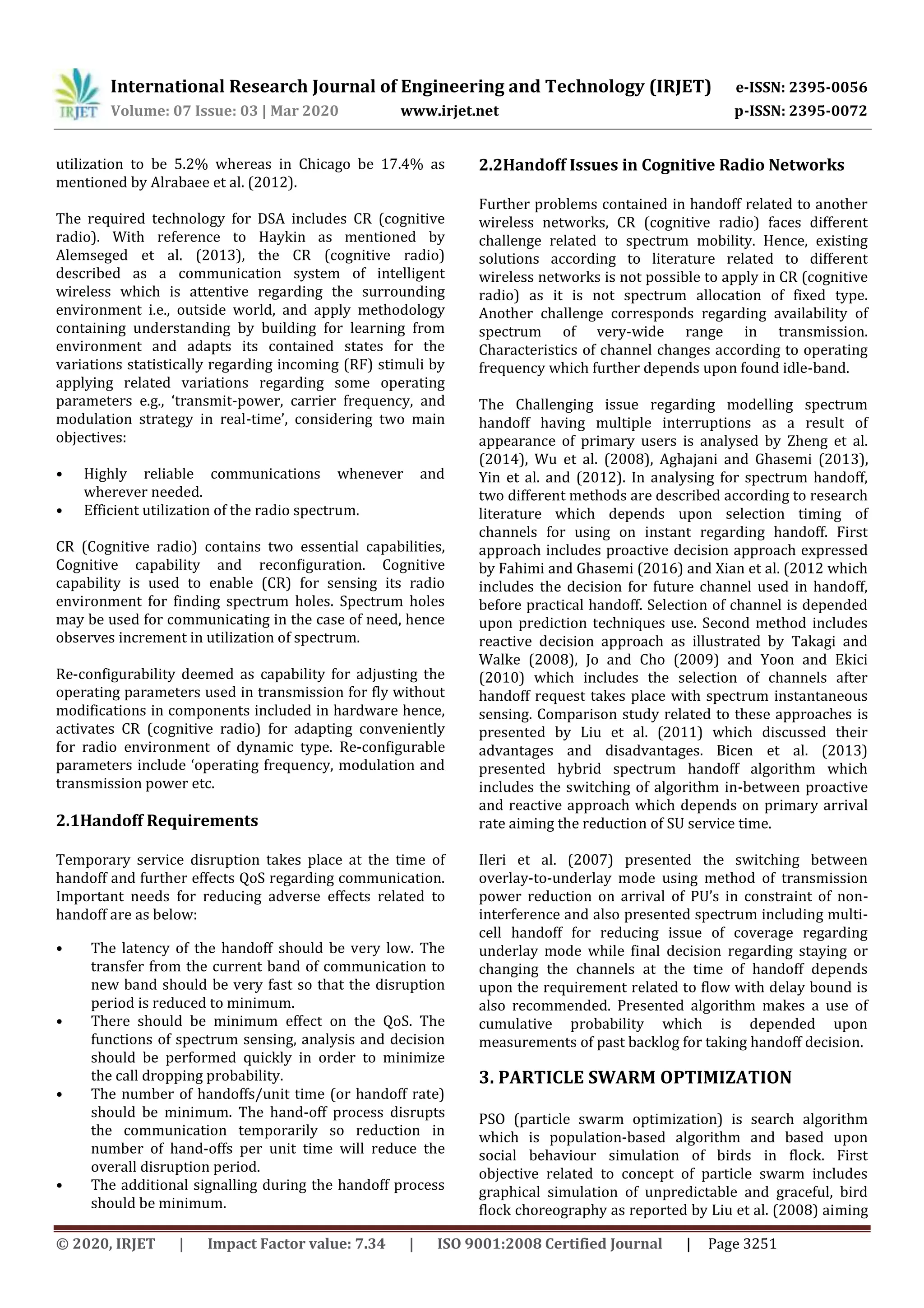 IRJET - Network Selection and Spectrum Handoff based on Adaptive Weights in Cognitive Wireless Networks