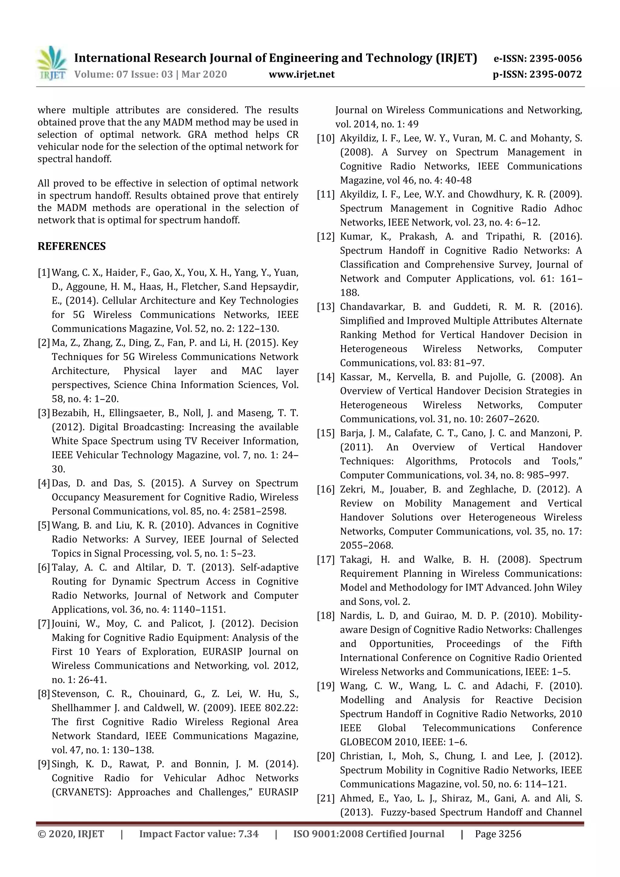 IRJET - Network Selection and Spectrum Handoff based on Adaptive Weights in Cognitive Wireless Networks